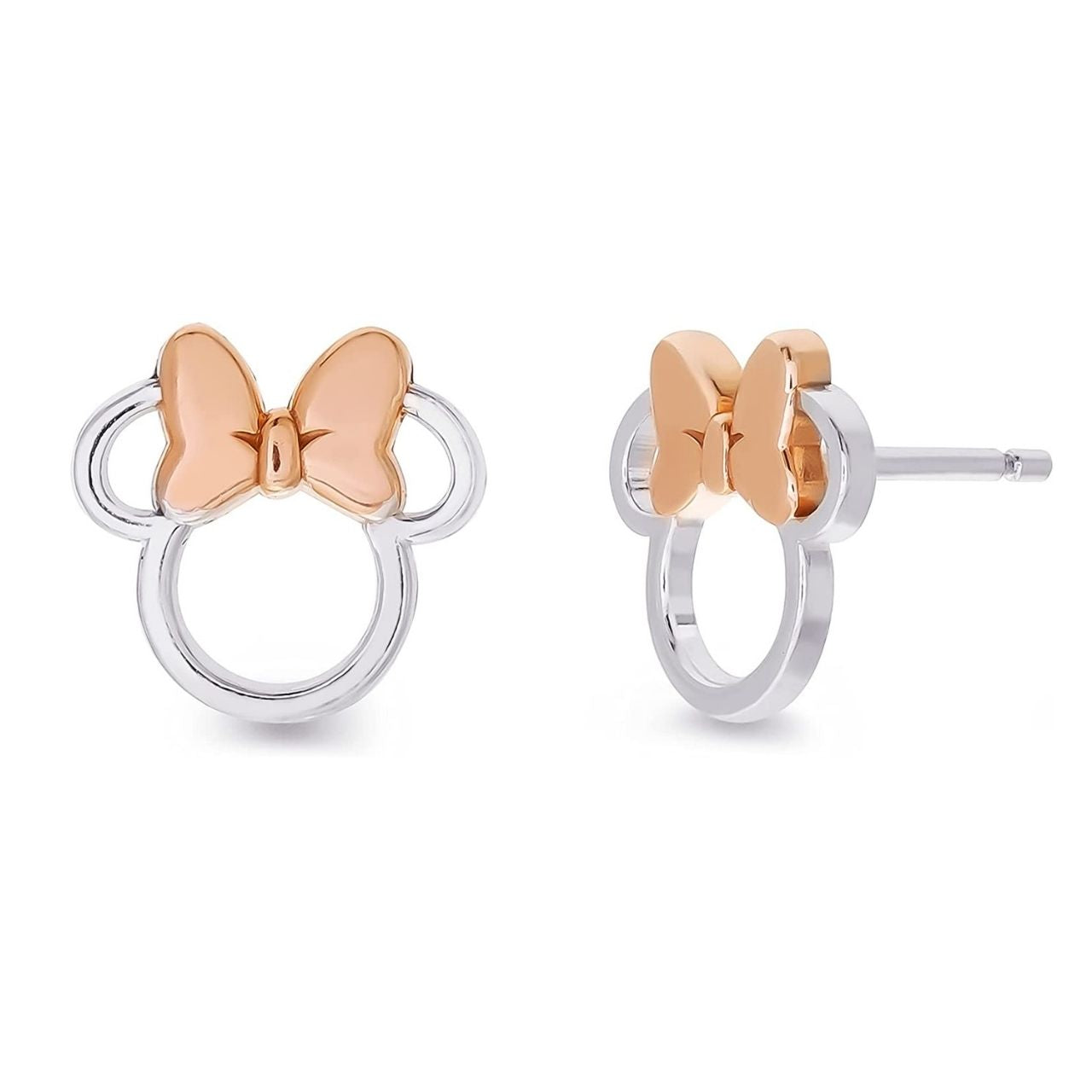 Peers Hardy Disney Minnie Mouse Head Sterling Silver Stud Earrings Stunning silver stud earrings form a silhouette of Minnie Mouse's Head and her classic bow plated in pink, adding a Feminine touch to the Classic piece of Jewellery Trendy and fashionable two tone design, the Disney Minnie Mouse Silhouette Sterling Silver Stud Earrings add a chic, fun touch to any outfit.