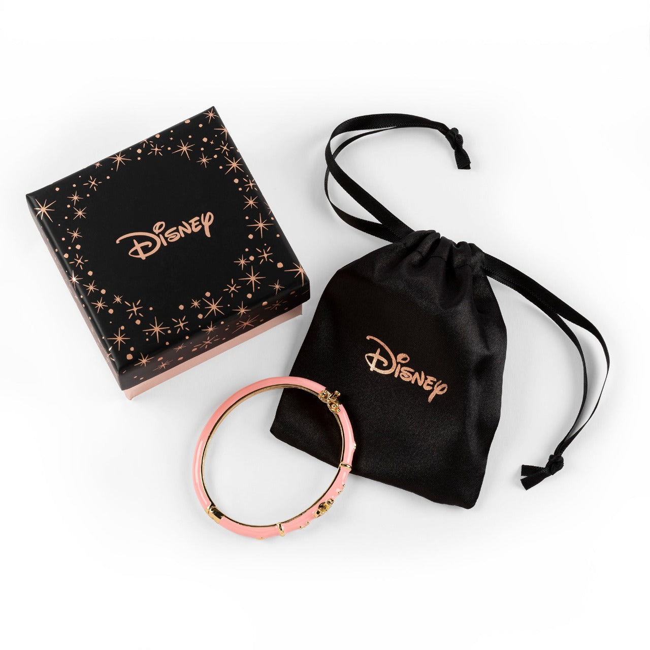 Disney Minnie Mouse Pink Glitter Bangle Bracelet with Yellow Gold Plating Stunning pink and gold plated bracelet form a silhouette Minnie Mouse's with Rose Gold bow adds a feminine touch to the Disney classic piece of Jewellery. Trendy and fashionable two tone design, the Disney Minnie Mouse Silhouette pink bracelet adds a chic, fun touch to any outfit.