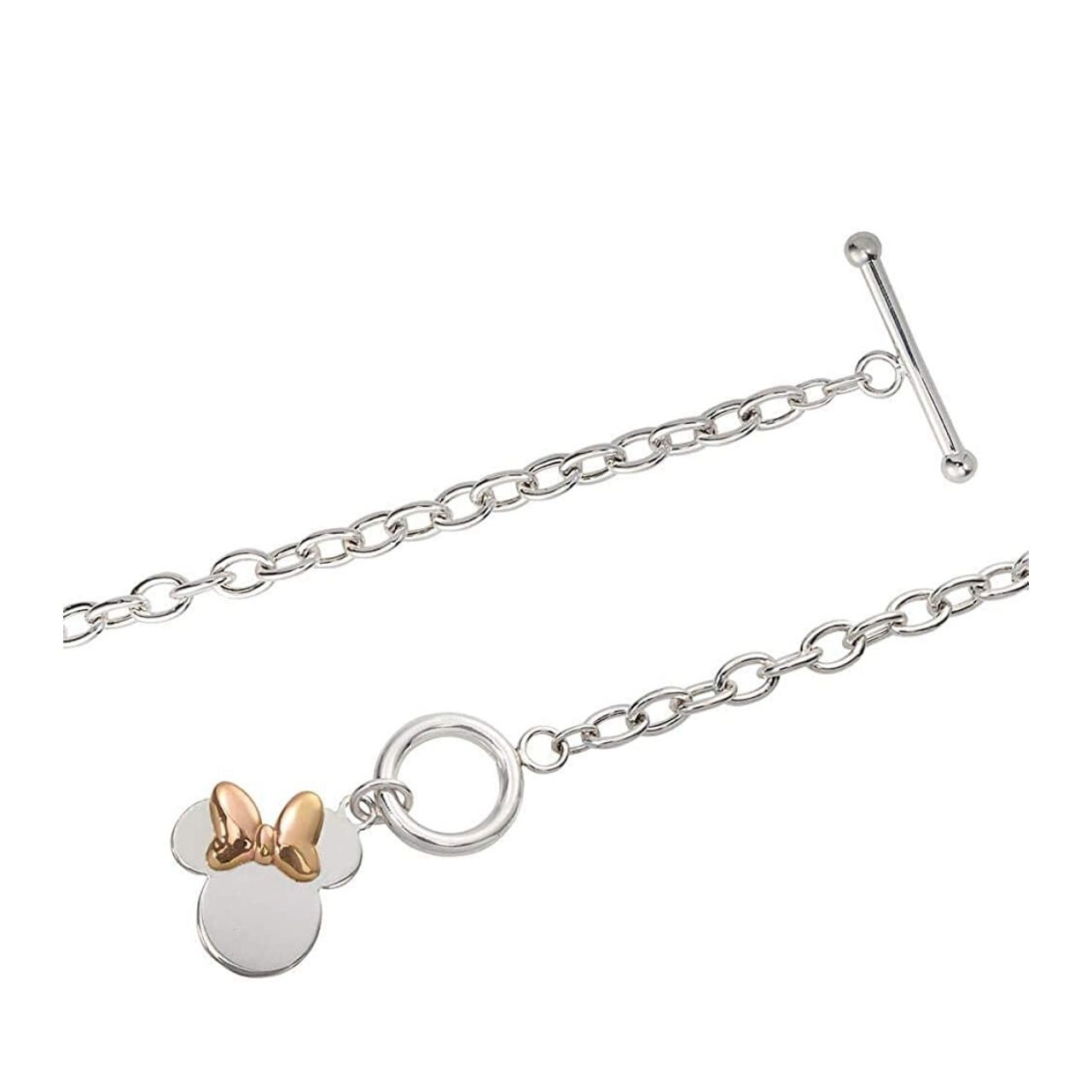 Peers Hardy Disney Minnie Mouse Silver Bracelet with Rose Gold Bow Stunning sterling silver bracelet feature the Disney Minnie Mouse famous silhouette and is complete with an on trend rose gold coloured bow. Trendy and fashionable two tone design, the Disney Minnie Mouse Silhouette sterling silver bracelet add a chic, fun touch to any outfit.
