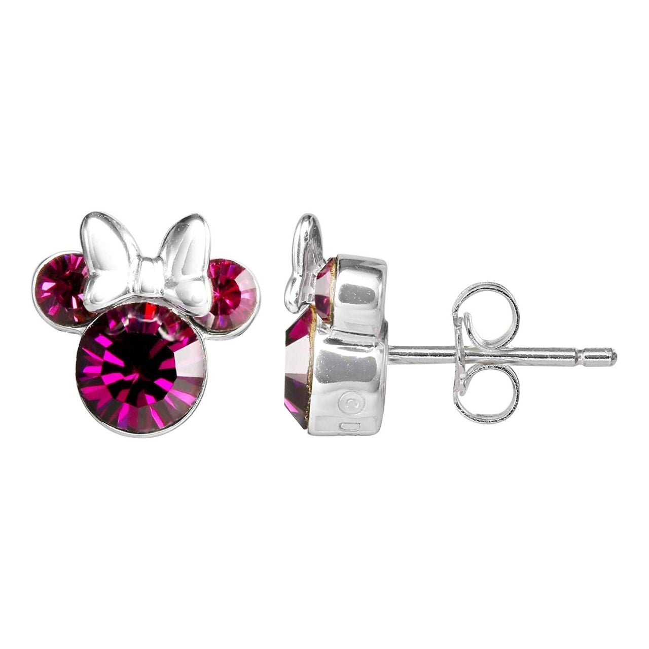 Disney Minnie Mouse Sterling Silver Birthstone Earrings Pink Rose Pink Rose October Birthstone Stunning silver Birthstone earrings form a silhouette of Minnie Mouse with pink rose CZ Crystals adding a feminine touch to the Disney classic piece of Jewellery. Trendy and fashionable design, the Disney Minnie Mouse silhouette sterling silver earrings add a chic, fun touch to any outfit.