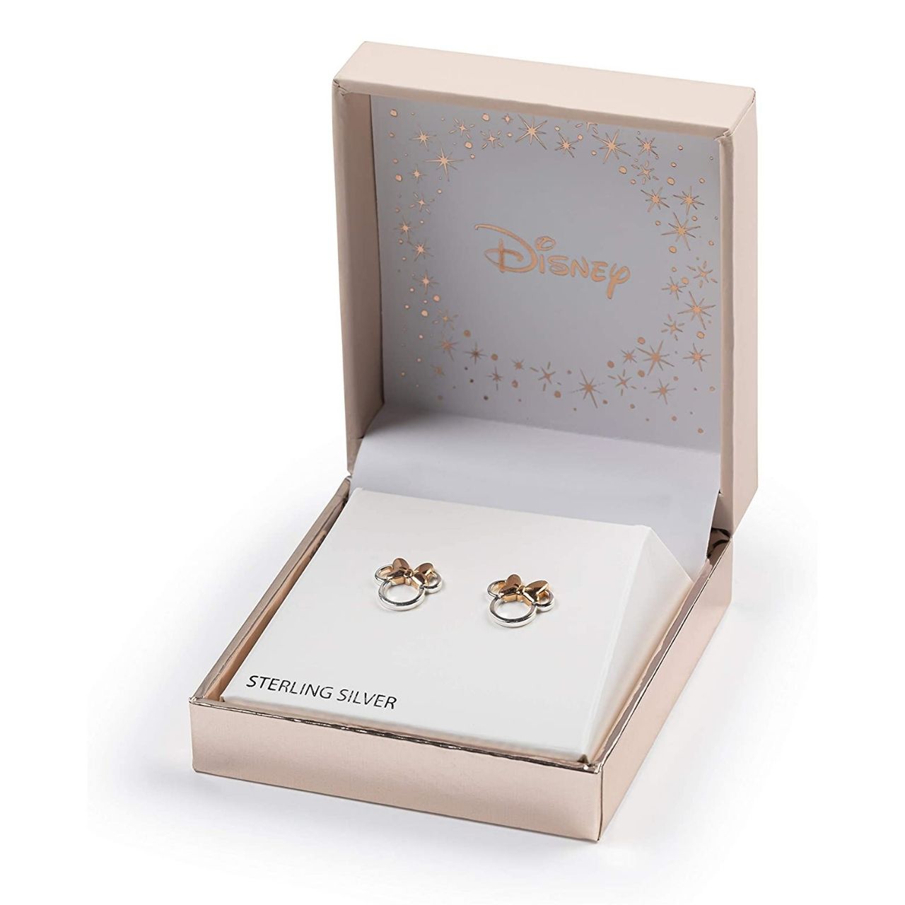 Peers Hardy Disney Minnie Mouse Head Sterling Silver Stud Earrings Stunning silver stud earrings form a silhouette of Minnie Mouse's Head and her classic bow plated in pink, adding a Feminine touch to the Classic piece of Jewellery Trendy and fashionable two tone design, the Disney Minnie Mouse Silhouette Sterling Silver Stud Earrings add a chic, fun touch to any outfit.