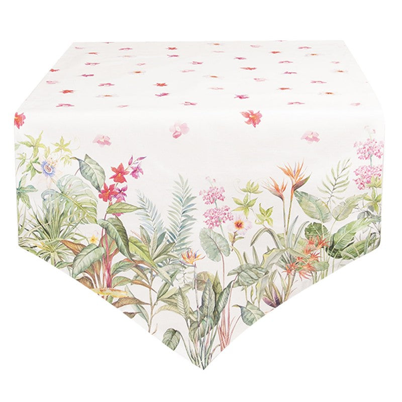 Clayre & Eef Modern Style Rectangle Tablecloth Runner Wild Flowers White, Green, Pink Cotton Rectangle Tablecloth Table Cover Table Runner 50*160 cm