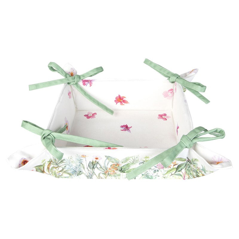 Clayre & Eef Cotton Square Bread Basket Modern Style Wild Flowers White, Green, Pink Cotton Square Bread Serving Basket