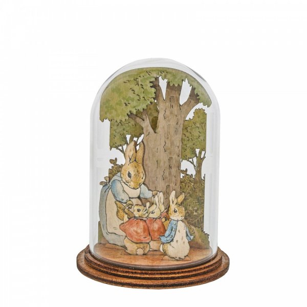 Mrs. Rabbit with Flopsy, Mopsy, Cotton Tail and Peter Wooden This charming Mrs. Rabbit and family wooden figurine has been intricately created and comes encased in a beautiful eco-friendly glass dome.