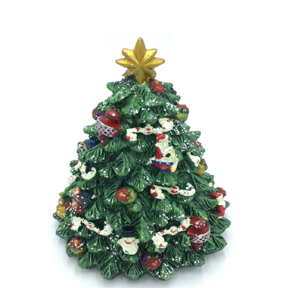 Musicbox World Musical Tree Small - Santa & Snowman  Decorated Christmas tree turns to the melody “O Christmas Tree”.  Silver glitter on the tree sparkles as the tree turns when wound up.