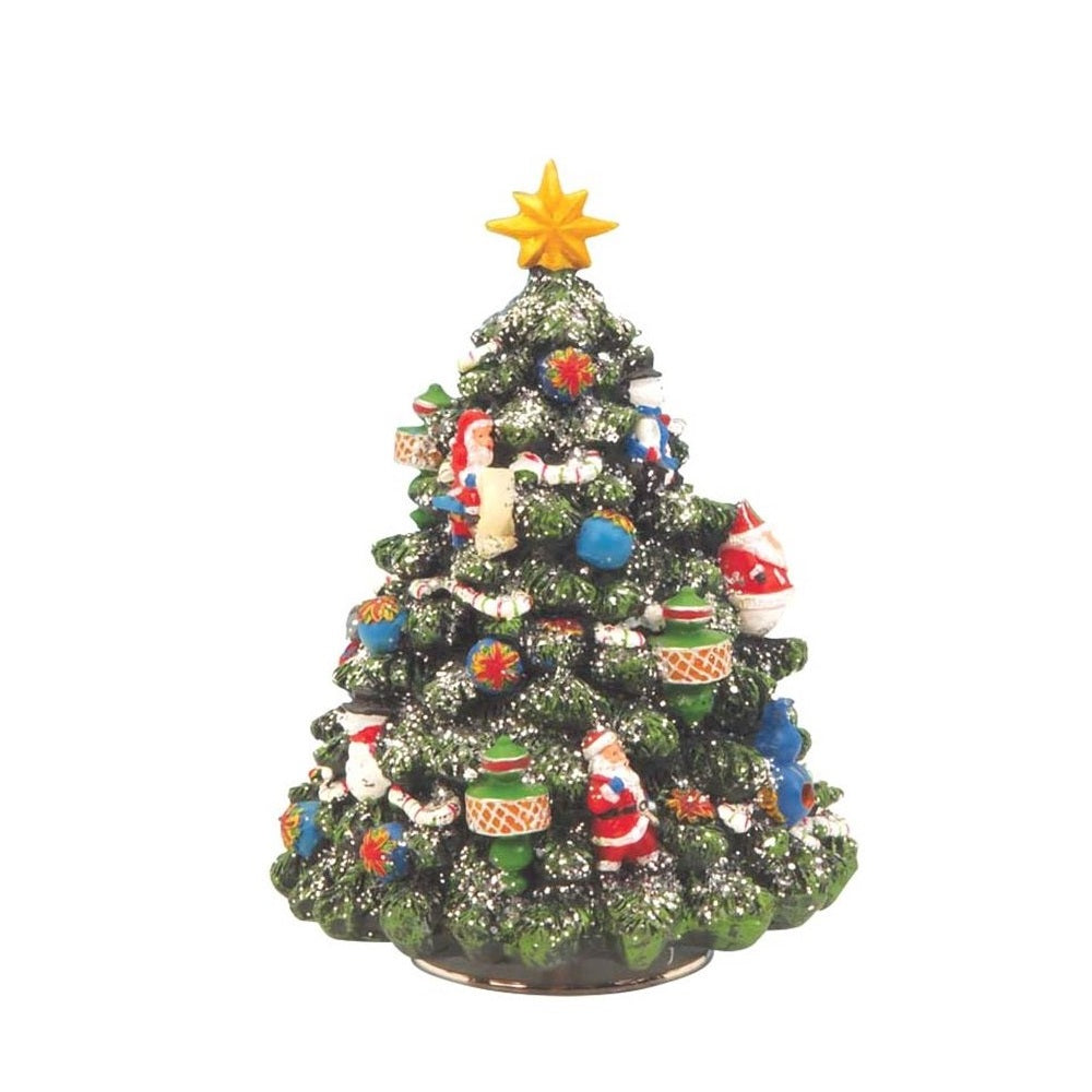 Musicbox World Musical Tree Small - Santa & Snowman  Decorated Christmas tree turns to the melody “O Christmas Tree”.  Silver glitter on the tree sparkles as the tree turns when wound up.