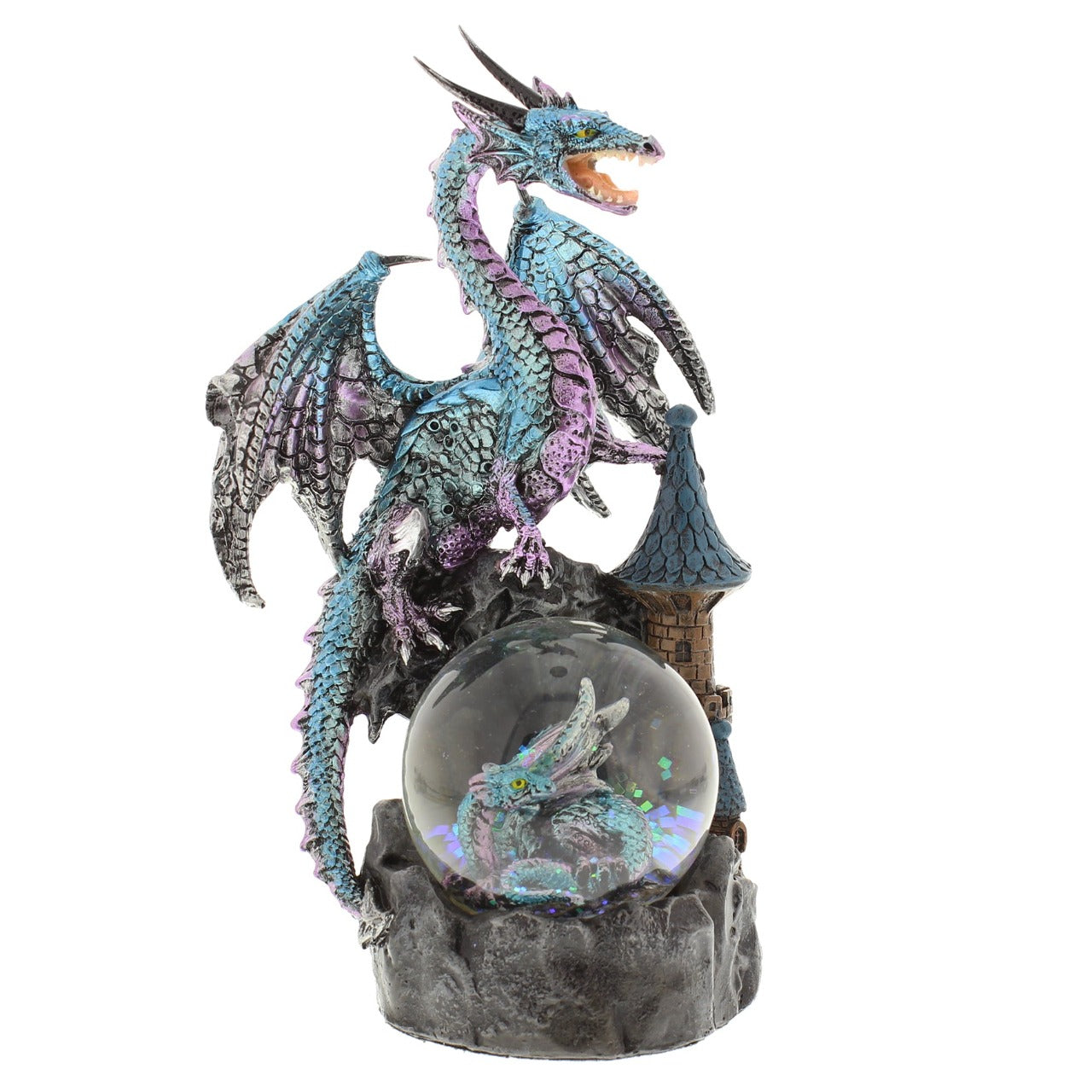 Mystic Legends Blue Dragon Snow Globe by Juliana An epic dragon figurine that will bring a stunning element of fantasy to a mantel, bookcase or tabletop. Complete with metallic blue and purple scales and a mesmerizing glittering waterball with a baby dragon inside.