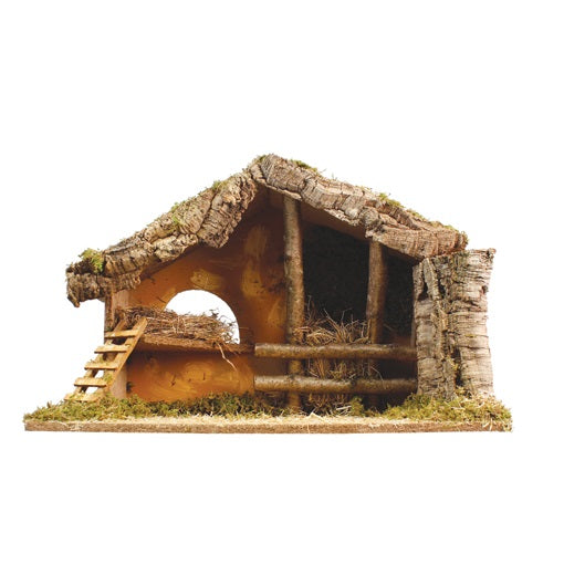 Nativity Set With Figures & Wooden Stable Backdrop Nativity Set: 11 x resin 8” figures with gold highlights Backdrop: Wood stable, Length 23”, Height 15.5” , Depth 12”