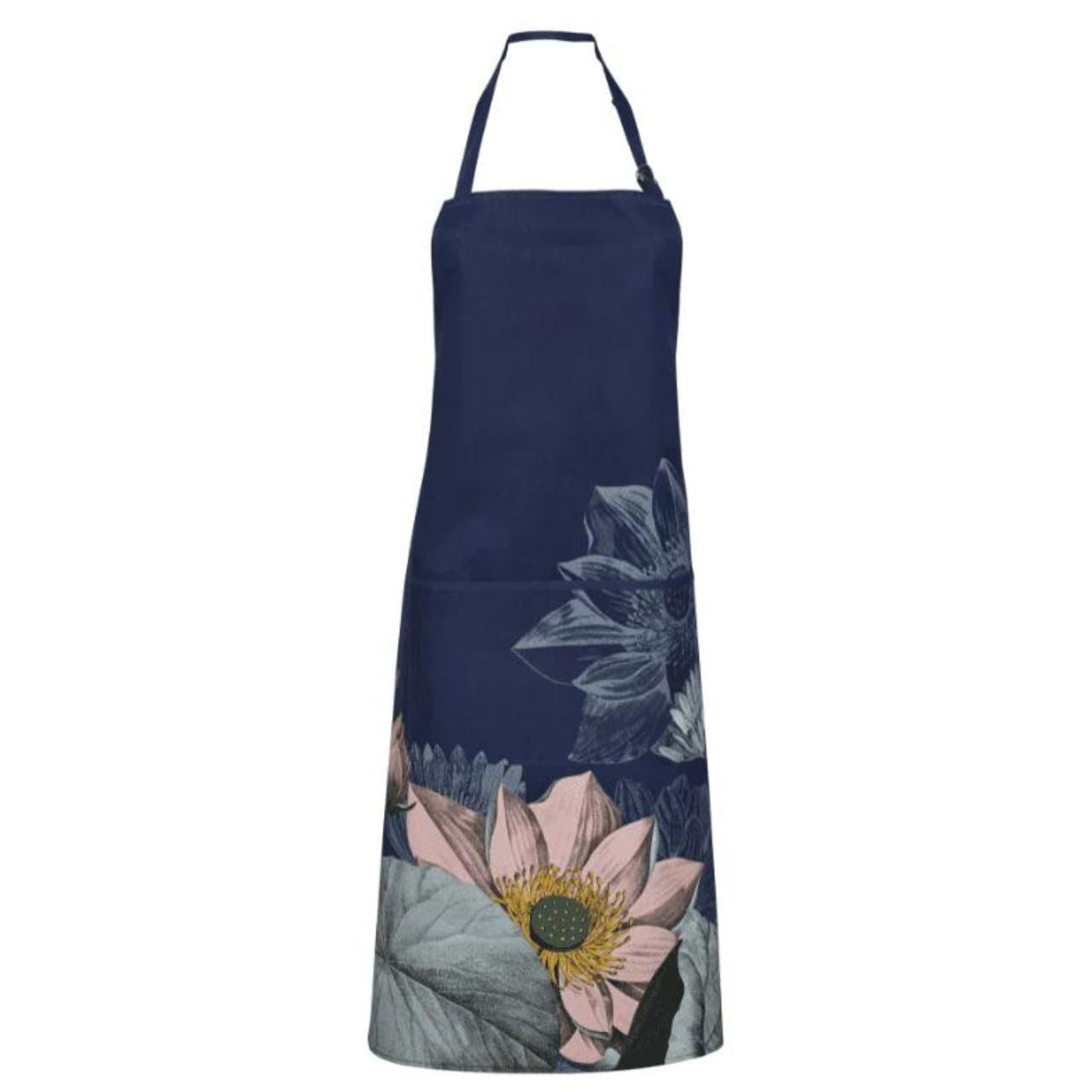 Natures Bloom Apron by Mindy Brownes Interiors A beautiful deep navy apron with front pocket depicting beautiful flowers in pink, blue and green. - Ideal house warming gift, new home, birthday or general occasion. - Part Of Our Nature Bloom Collection