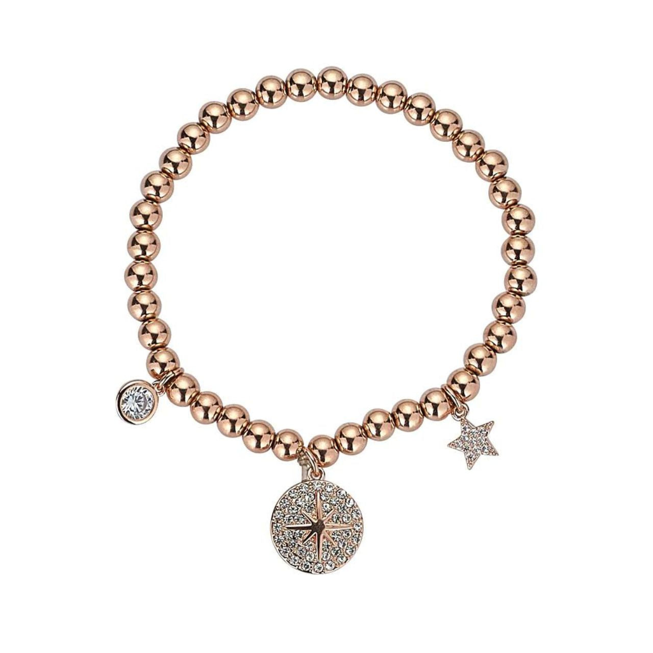 Knight & Day Star Beaded Bracelet Elegant beaded bracelet with star & crystal charms. Elasticated fit. Rose gold plating.