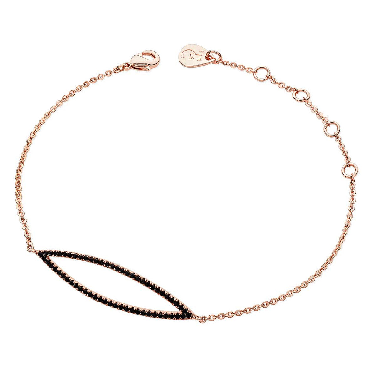 Tipperary Crystal Noir Rose Gold Black CZ Eye Bracelet This bracelet oozes chicness and sophistication. Crafted in rose gold it features an elongated eye shape encrusted with dazzling black cubic zircon is set along a shimmering cable chain. This magnificent bracelet secures safely with a lobster claw clasp and TC branded fob.