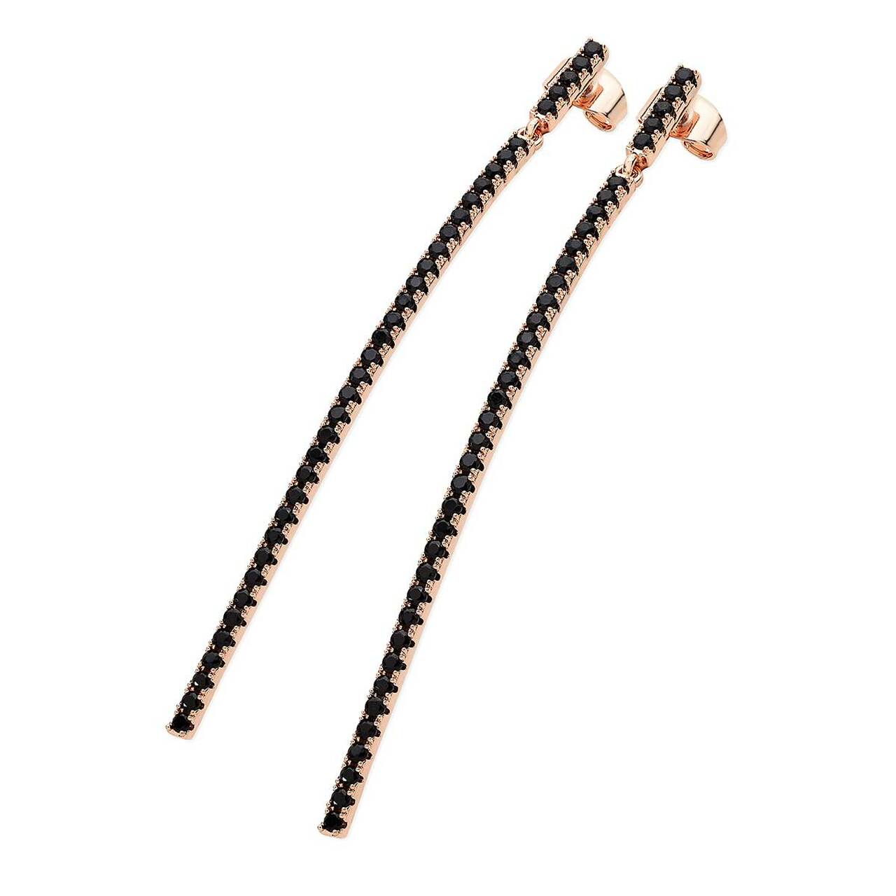 Tipperary Crystal Noir Rose Gold Curved Drop Earrings These exquisite earrings will enhance any outfit. Fashioned in rose gold consisting of immaculately cut black czs arranged along curved rose gold bars. The sleekness of the design enables them to be worn during the day or night. They secure comfortably with push backs.