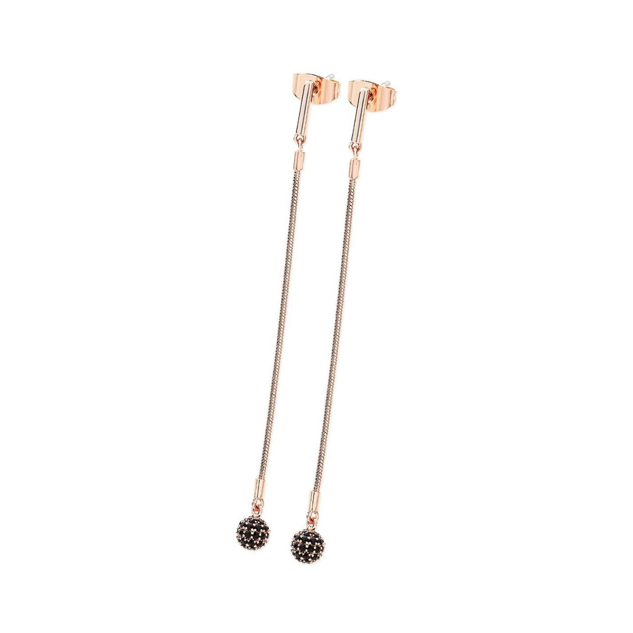 Tipperary Crystal Noir Rose Gold Snake Chain Drop Black Pave Ball Earrings Contemporary and eye-catching, these sleek drop earrings are a versatile addition to any jewellery collection. Crafted in rose gold each earring features a pretty black pave ball suspending from a sleek snake chain. They secure comfortably with push backs.