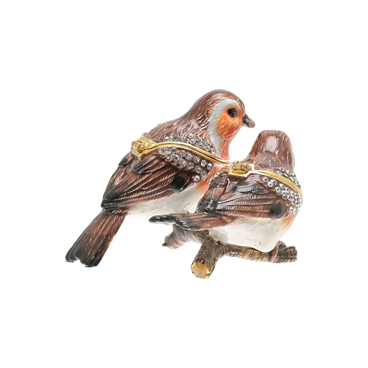It features a beautifully hand-painted finish throughout, complete with distinctive shades of brown and red, alongside crystal embellishments. Each body opens to reveal a white, smooth finish storage compartment, in which to protect treasured possessions and jewellery.