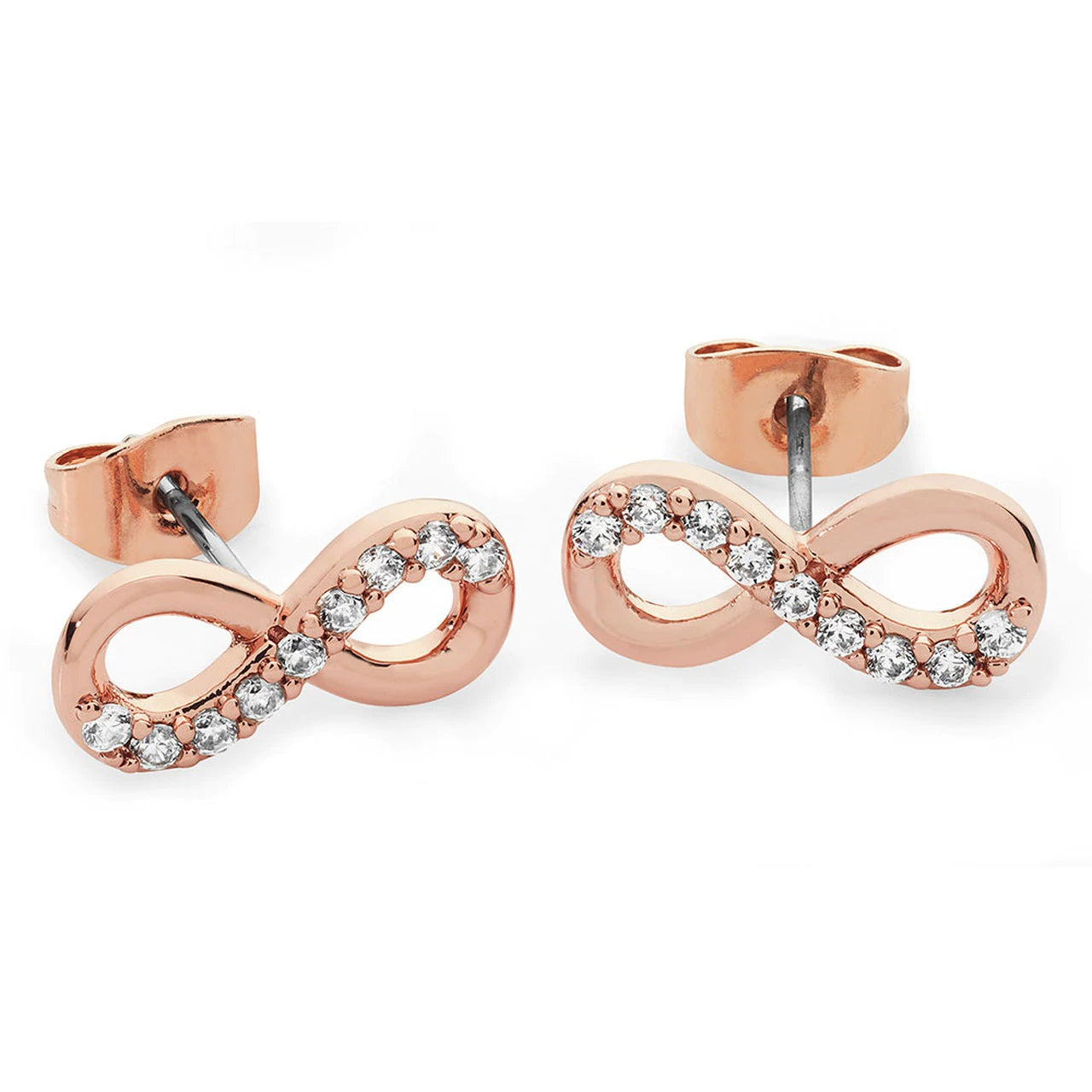 Tipperary Crystal Part Stone Set Infinity Stud Earrings Rose Gold These earrings are from our Infinity Collection. These elegant earrings are a beautiful expression of “refined style”. The romantic rose gold design features a symetrical infinity symbol partially lined with a row of dazzling round clear crystals. Finished with a bright polished lustre, they secure comfortably with push backs.