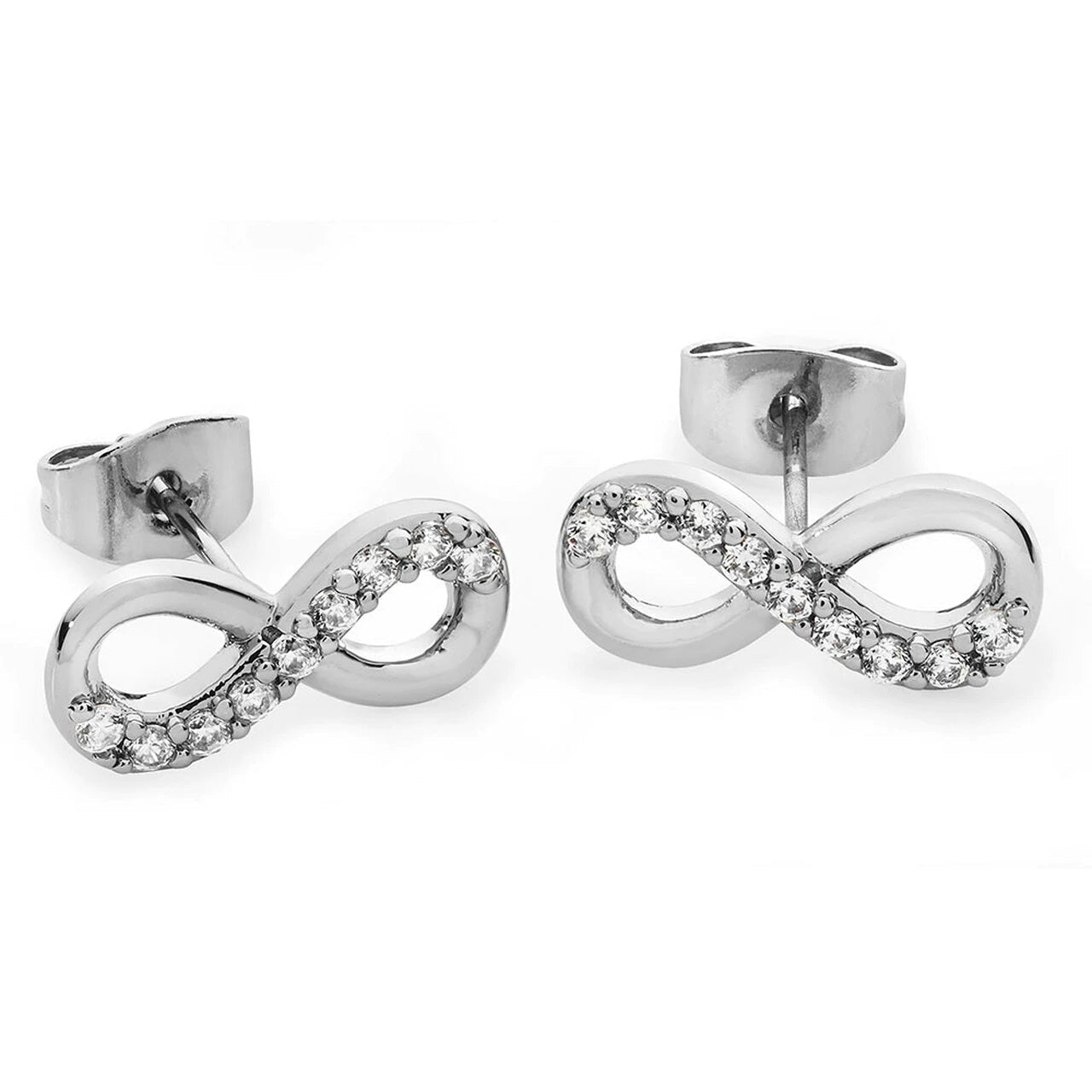 Tipperary Crystal Part Stone Set Infinity Stud Earrings Silver These earrings are from our Infinity Collection. Always elegant, these stud earrings showcase “refined style”. Fashioned in silver, each earring features an infinity symbol-shaped design partially lined with a row of dazzling round clear crystals. Radiantly finished with a bright polished shine, they secure comfortably with push backs.