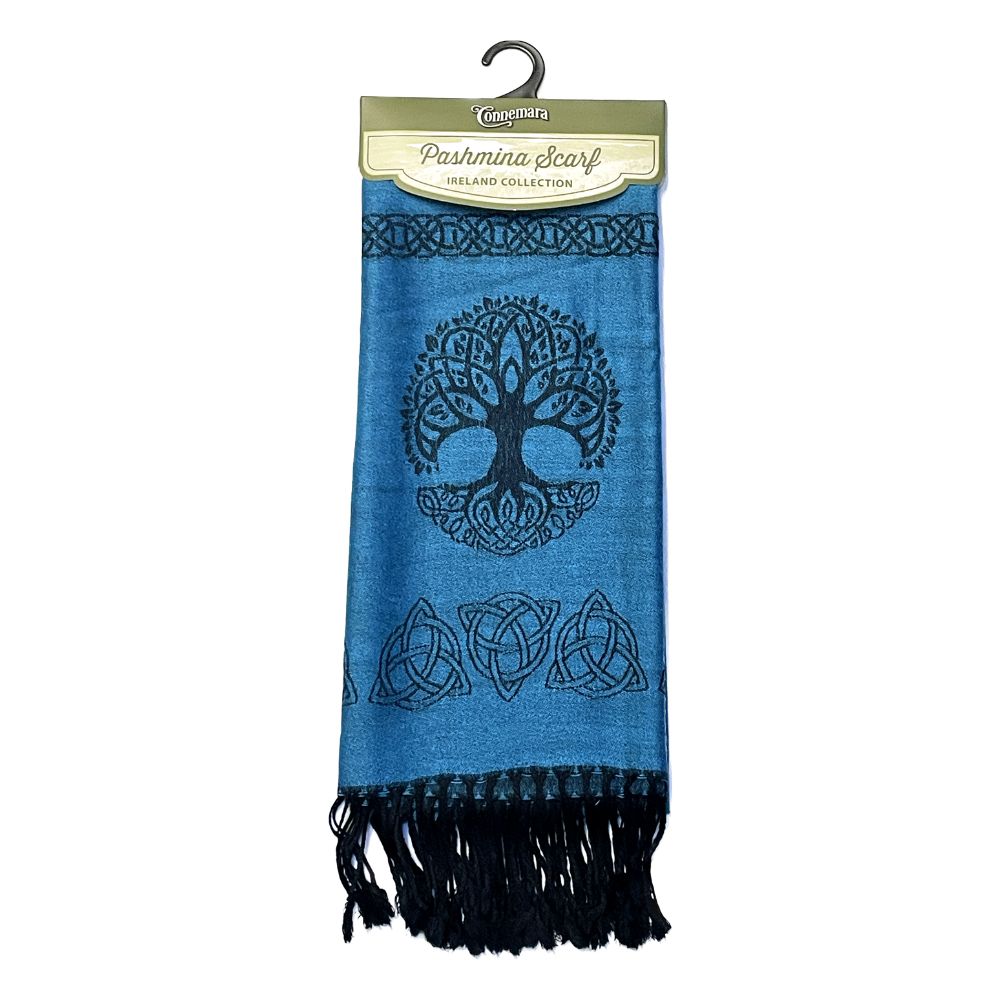 Tree Of Life Blue Pashmina Scarf This is a luxurious pashmina scarf from Ireland. Beautiful soft cotton and fine silk combine to make the elegant shawl, wrap or scarf – whichever way you chose to wear it.