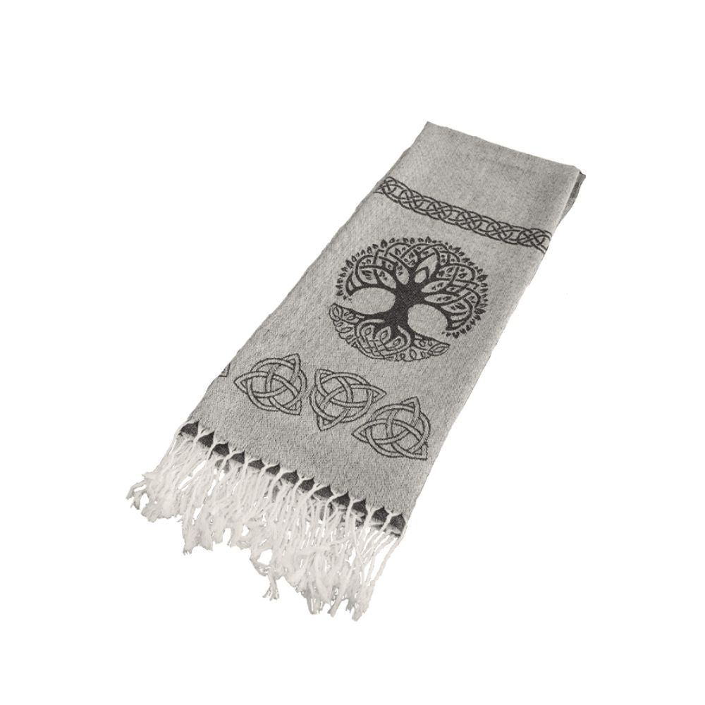 Tree Of Life Pashmina Scarf Light Grey This is a luxurious pashmina scarf from Ireland. Beautiful soft cotton and fine silk combine to make the elegant shawl, wrap or scarf – whichever way you chose to wear it.