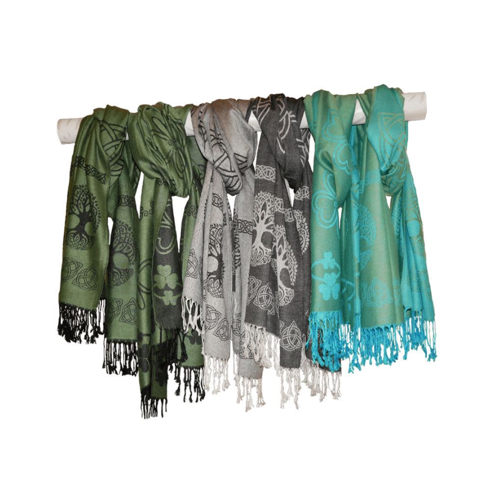 Tree Of Life Pashmina Scarf Light Grey This is a luxurious pashmina scarf from Ireland. Beautiful soft cotton and fine silk combine to make the elegant shawl, wrap or scarf – whichever way you chose to wear it.