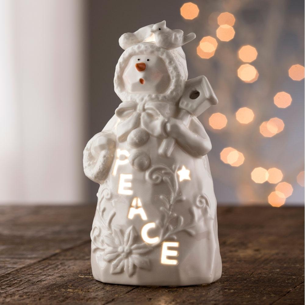 Peace Snowman - Votive by Belleek Living This Peace Snowman Votive displays a chilly snowman with doves sitting on his head portraying the essence of "Peace".