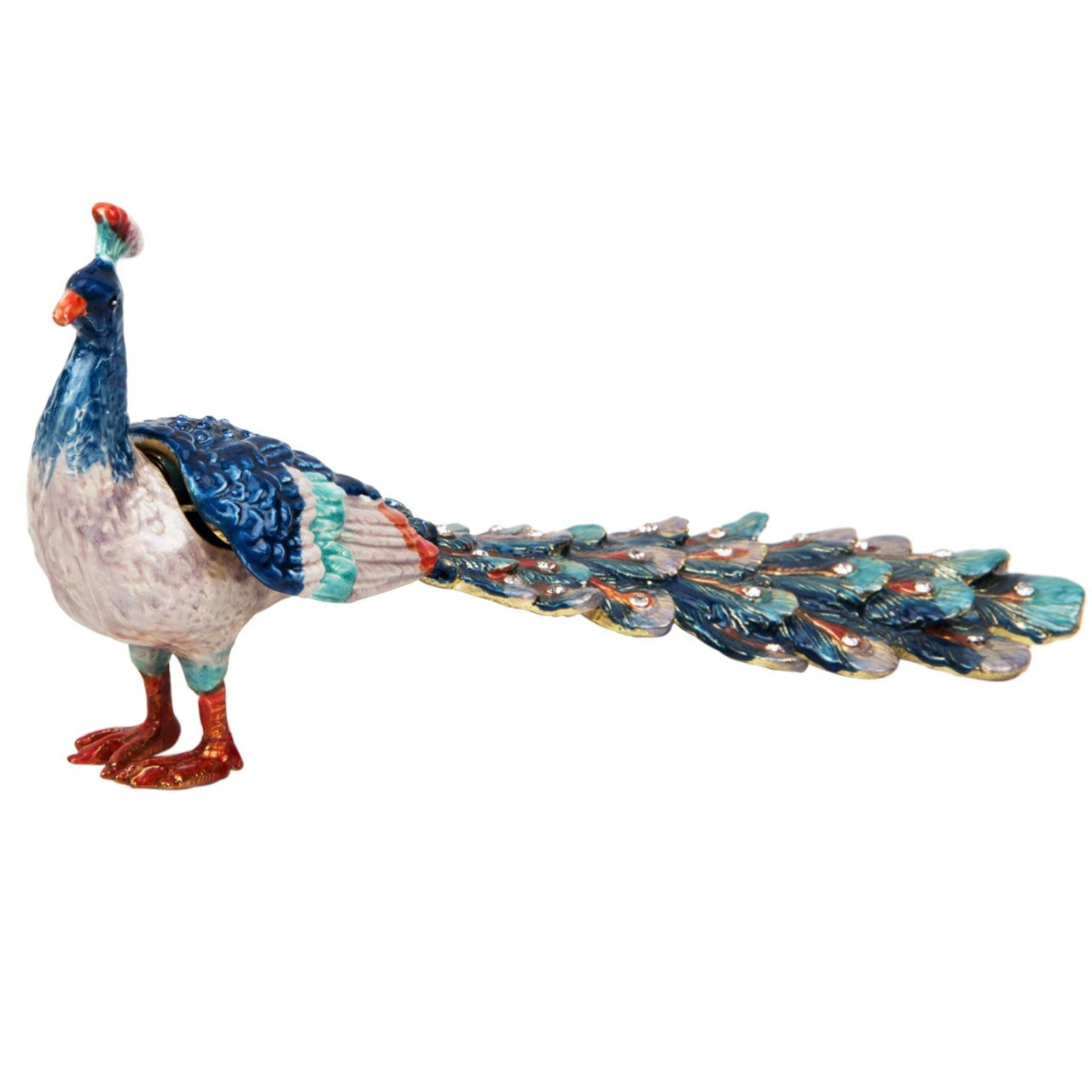 Treasured Trinkets - Peacock A beautiful, hand painted and crystal finished peacock trinket box from Treasured Trinkets. Painted with gorgeous blue plumage, this colourful trinket box is a wonderful ornament to complement a mantelpiece, bookcase or cabinet.