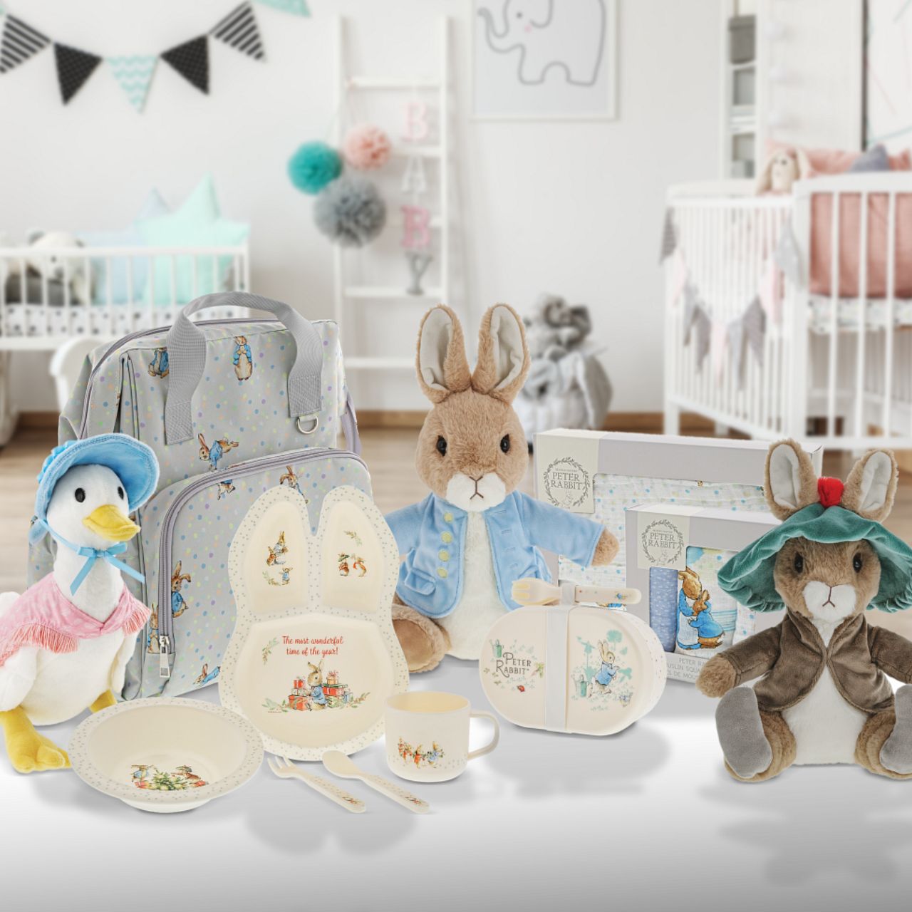 Beatrix Potter Peter Rabbit Christmas Dinner Set Introducing this brand new at home with Peter Rabbit collection. There's nothing quite like a fun Peter Rabbit motif to entice those little tummies to clear their plates. Make mealtimes fun and practical with this Christmas dinner set.