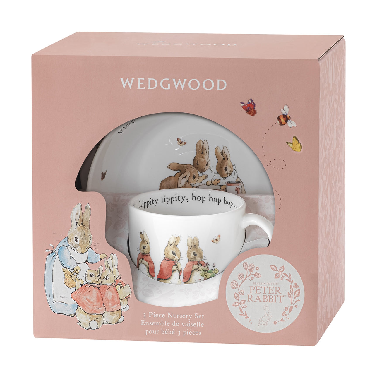 Wedgwood Flopsy, Mopsy and Cottontail 3 Piece Set Pink Appeal to the curious imaginations of the young ones in your life with Beatrix Potter’s cute trio Flopsy, Mopsy and Cottontail.