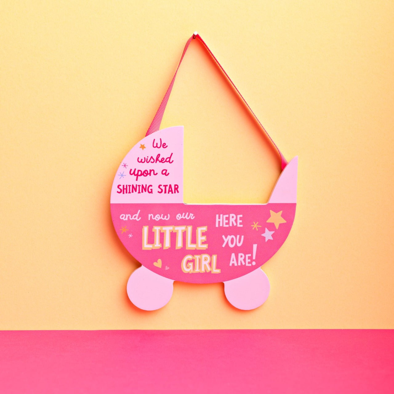 Pink Pram Hanging Plaque - Little Girl Want to show someone you care? Then why not gift this ‘Little Girl’ bright, uplifting and cheerful pram plaque as a token of your love.