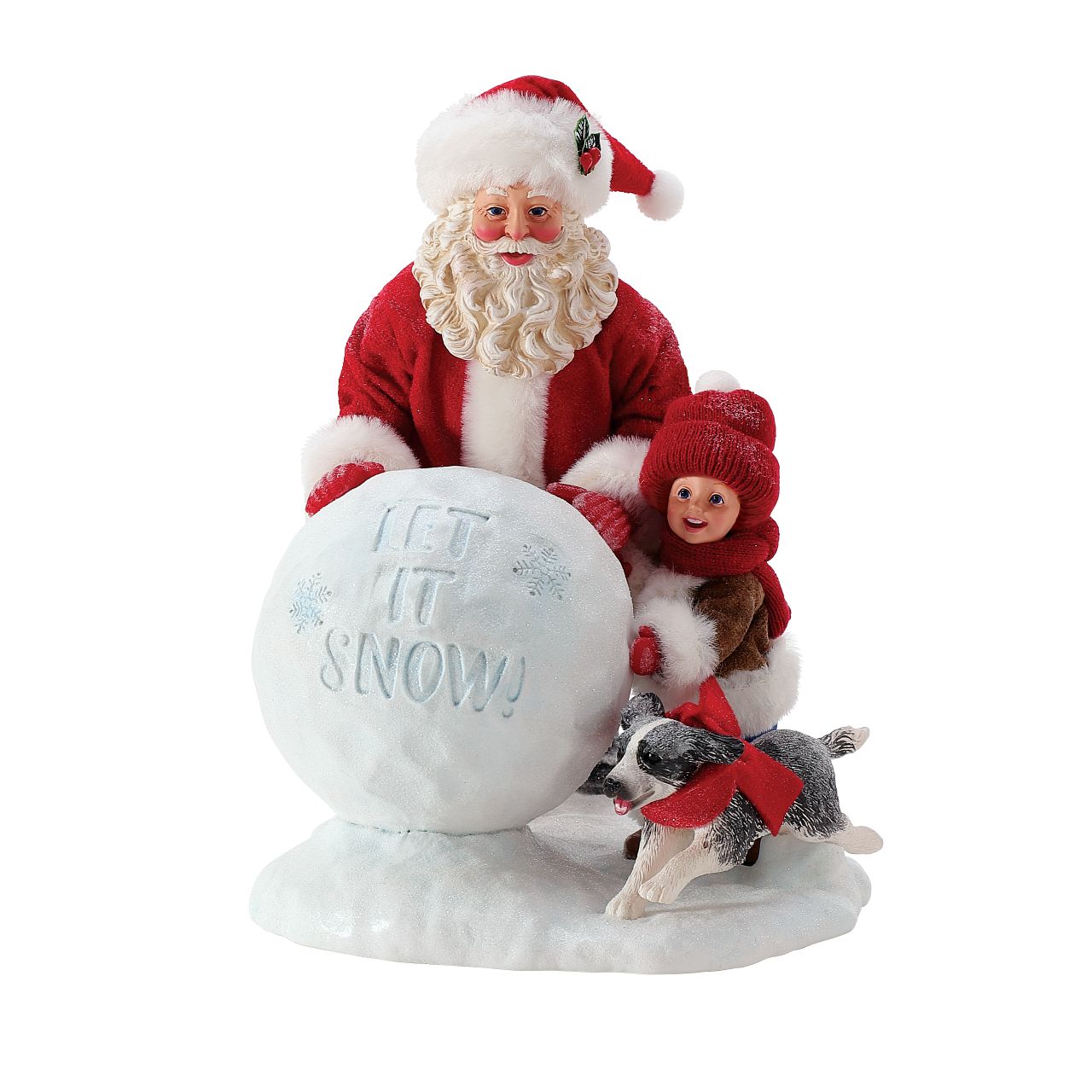 Department 56 Possible Dreams Santa Figurine Let It Snow Santa has stopped to lend a helping hand! This young child and puppy were having trouble getting their snowball just right, but Santa stepped in to help!