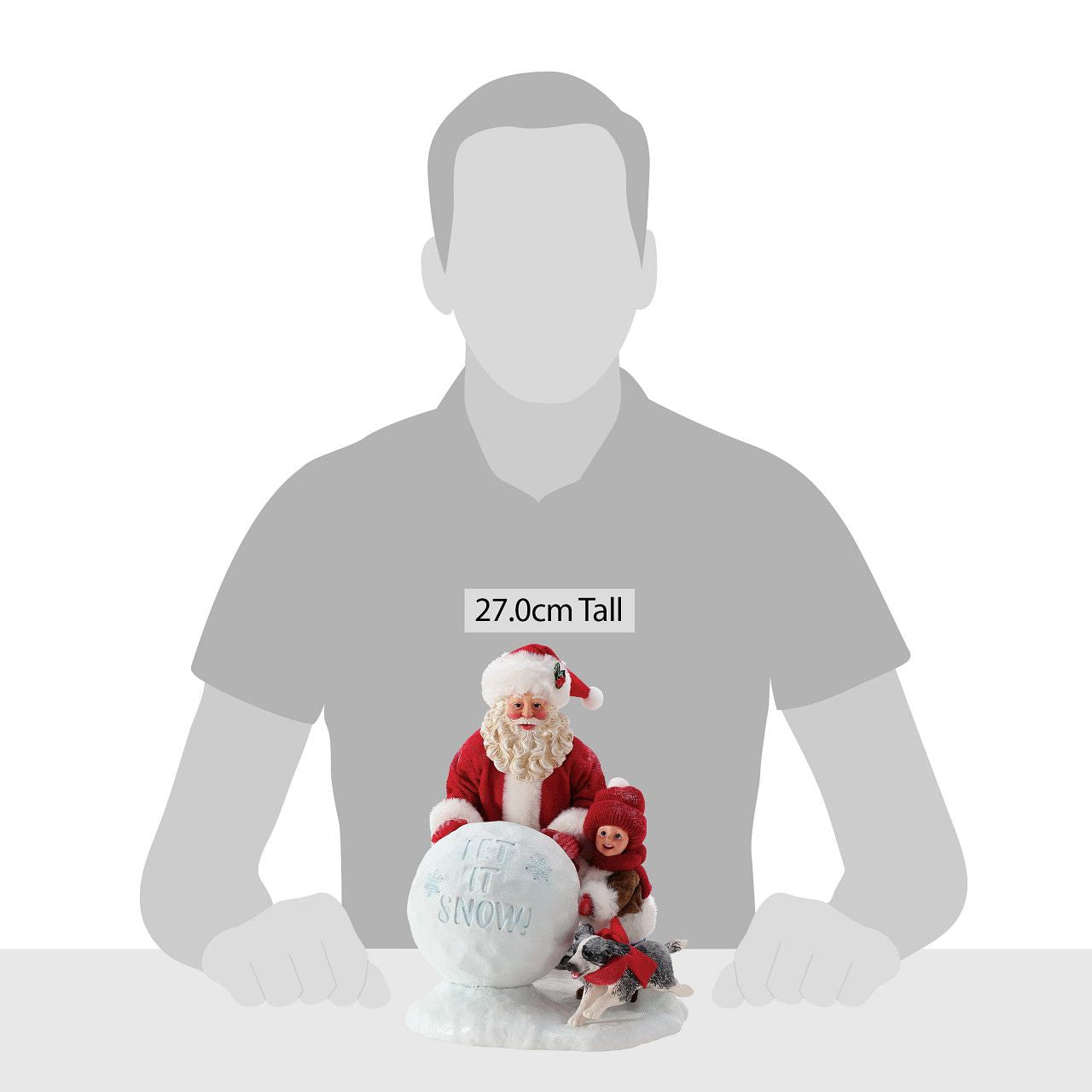 Department 56 Possible Dreams Santa Figurine Let It Snow Santa has stopped to lend a helping hand! This young child and puppy were having trouble getting their snowball just right, but Santa stepped in to help!