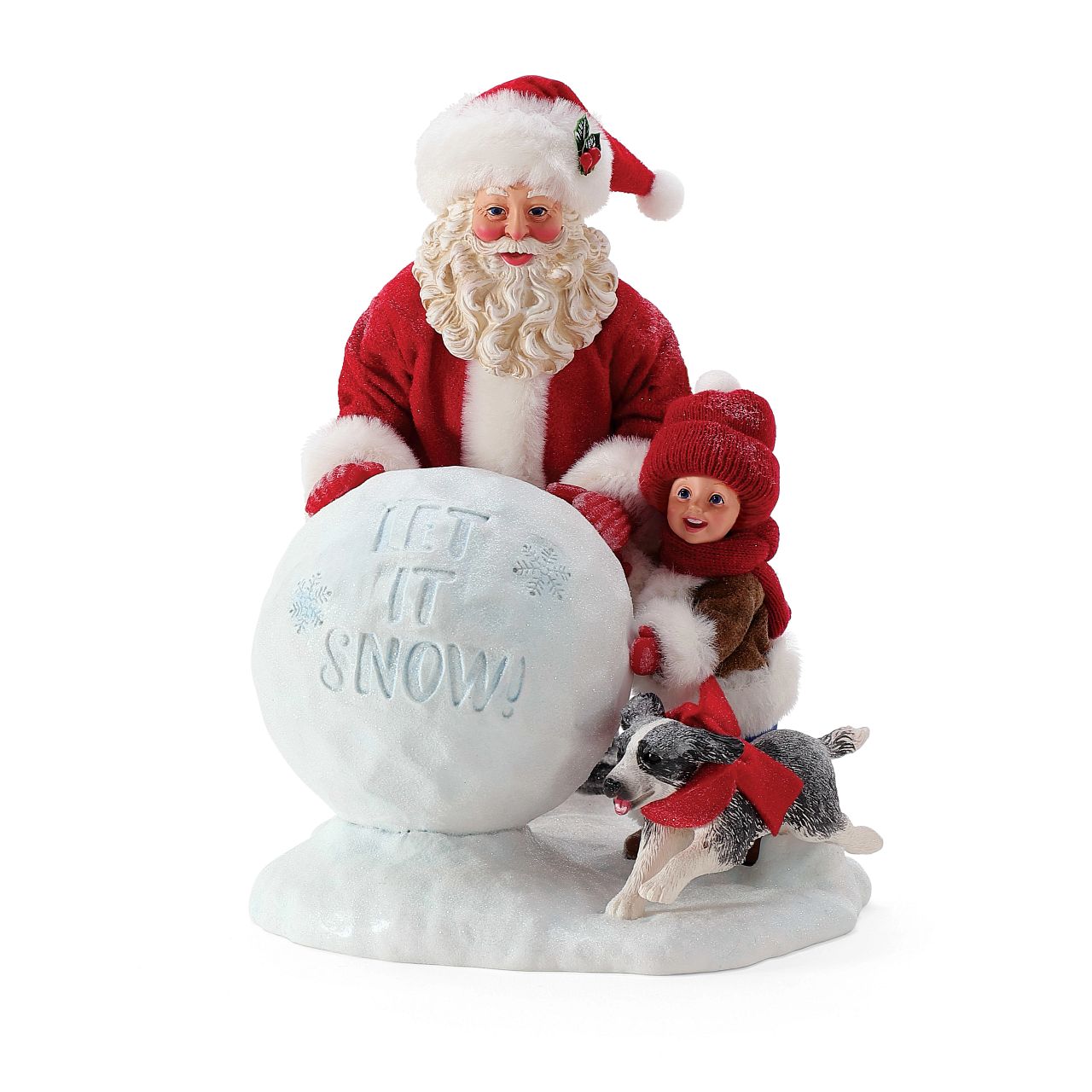 Department 56 Possible Dreams Santa Figurine Let It Snow Santa has stopped to lend a helping hand! This young child and puppy were having trouble getting their snowball just right, but Santa stepped in to help!