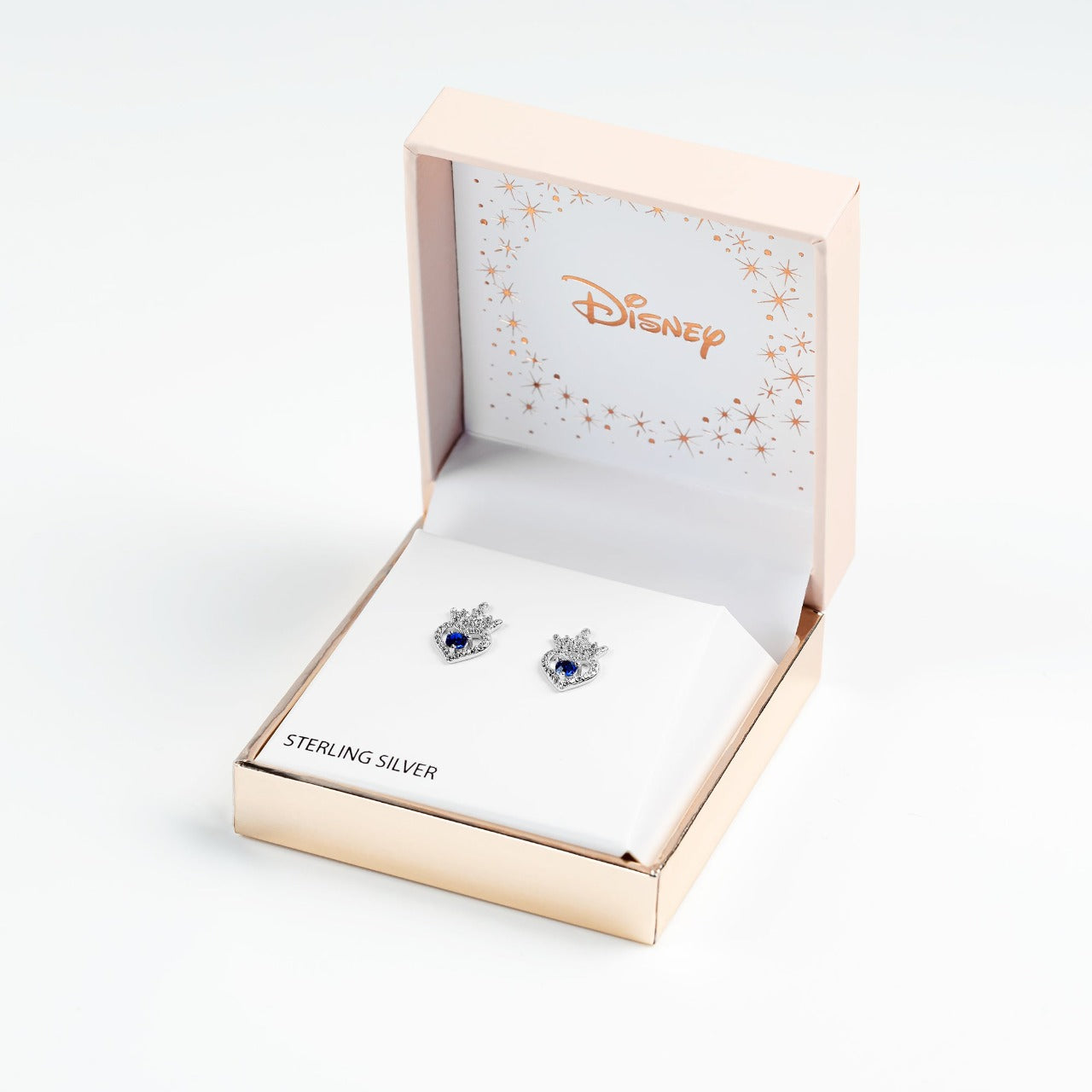 Disney Princess Sterling Silver Birthstone Crown Earrings – September Beautiful silver Birthstone princess crown earrings with CZ crystals adding a feminine touch to the Disney classic piece of Jewellery. Trendy and fashionable design, the Disney princess sterling silver earrings add a chic, fun touch to any outfit. the perfect gift for any Disney Princess fan.