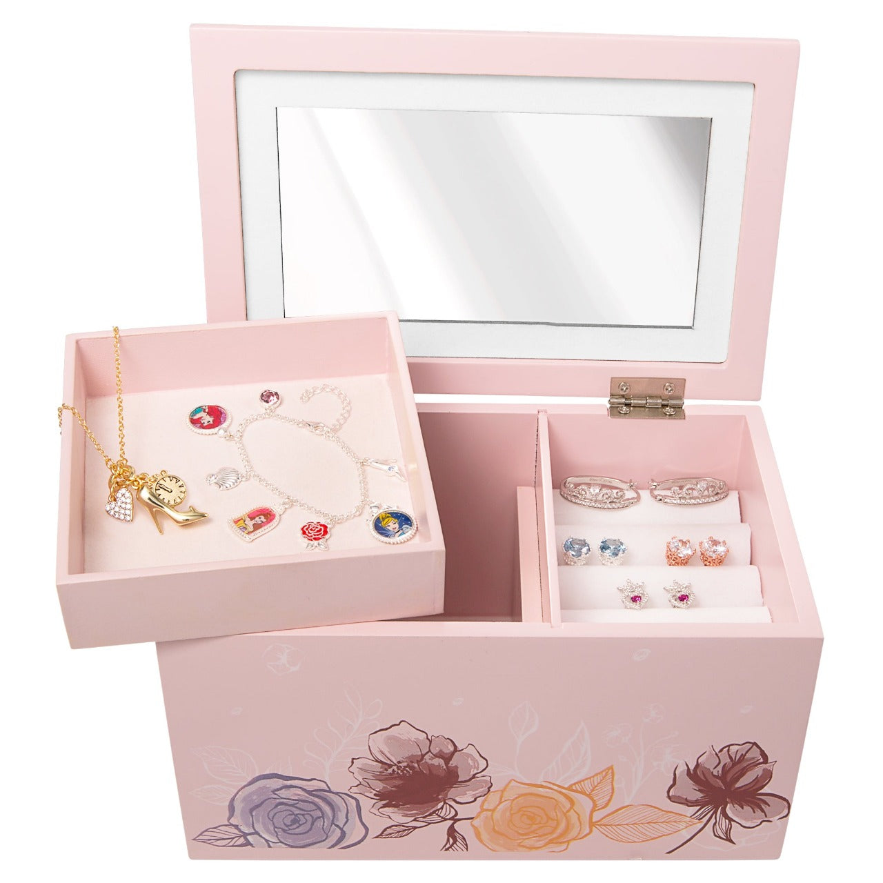 Disney Princess Wooden Jewellery Box With Hinged Lid Official Disney Princess Jewellery box is the perfect gift for any Disney fan! This Pink jewellery box is made with solid wood which features a hinged lid. The Disney Collection features favourite characters from cult classics. There is something for every Disney fan no matter their age. Disney Princess and Beauty And The Beast collections are also available.