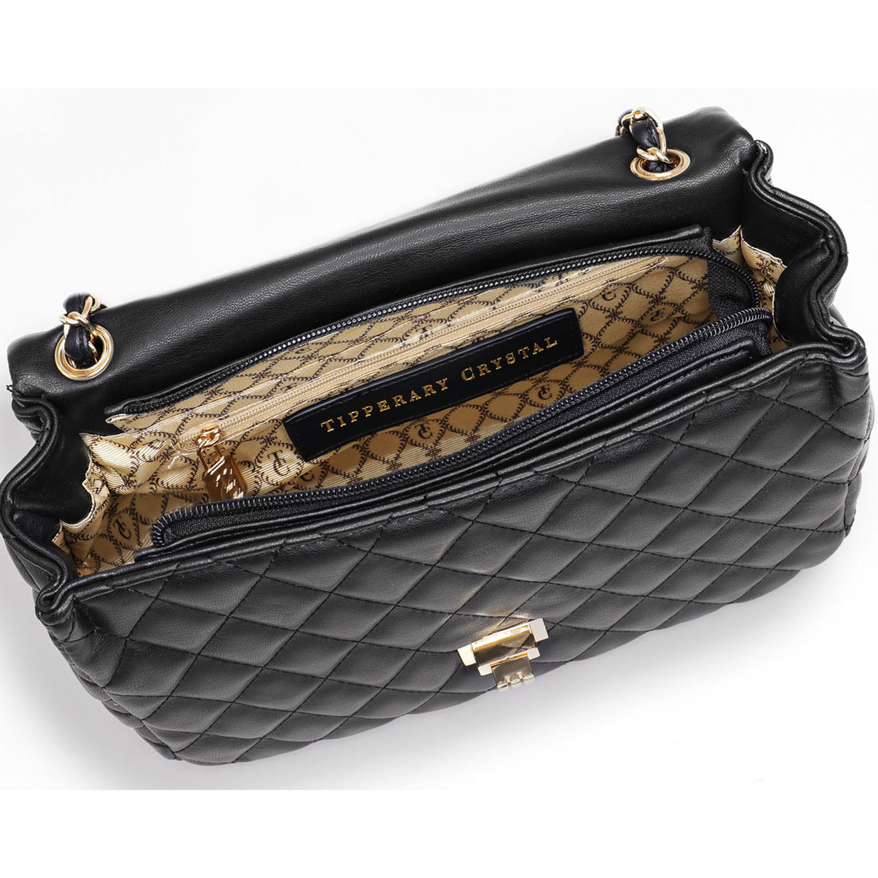 Tipperary Crystal Quilted Shoulder Bag Palermo Black Palermo Black Quilted Shoulder Bag featuring yellow gold hardware.