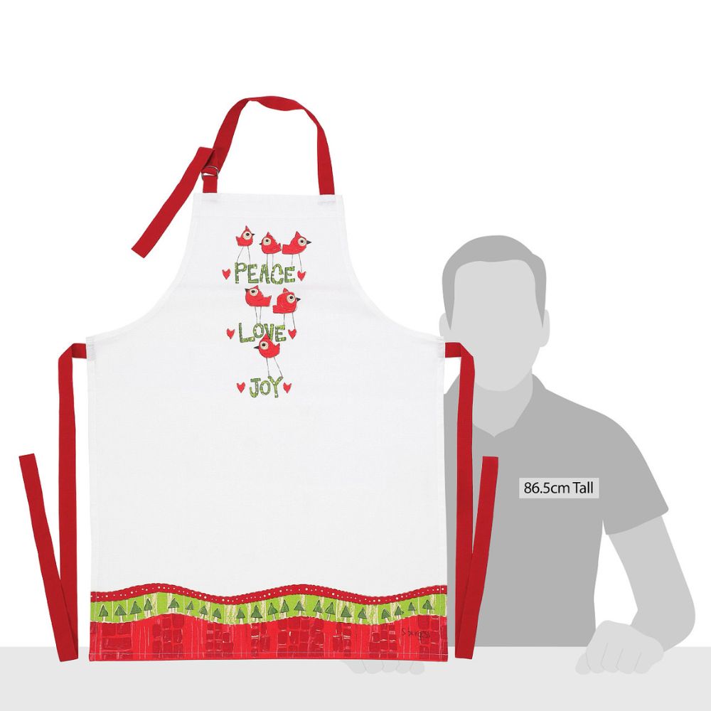 Christmas Red Birds Apron Our newest collection; Painted Peace. Designed by Stephanie Burgess, each colourful piece in the collection has been designed to create feelings of peace and love in your home. This apron is made from 100% Cotton and is machine washable & cool dry The perfect gift for loved ones.