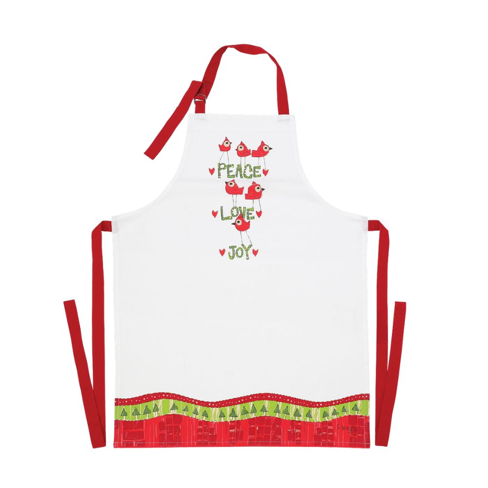 Christmas Red Birds Apron Our newest collection; Painted Peace. Designed by Stephanie Burgess, each colourful piece in the collection has been designed to create feelings of peace and love in your home. This apron is made from 100% Cotton and is machine washable & cool dry The perfect gift for loved ones.