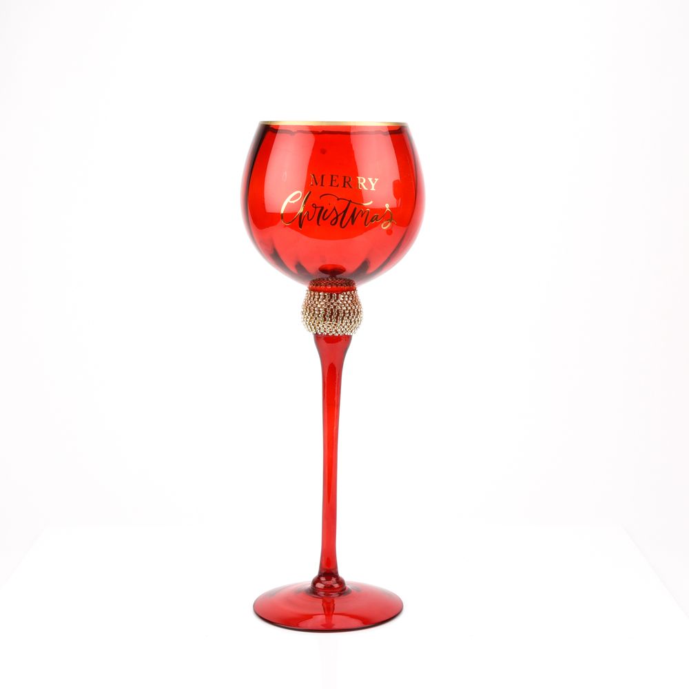 Red Glass Goblet Style Candle Holders Merry Xmas - Set of 3 A trio of red glass candle holdless feature a distinctive goblet design in three different sizes, complete with gold coloured embellishment around the neck and matching ‘Merry Christmas’ title.