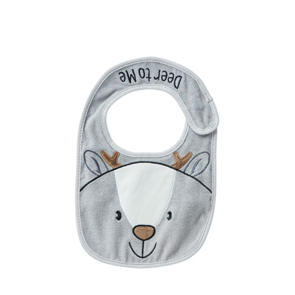 Izzy and Oliver Baby Collection Reindeer Baby Bib This super soft and super cute Reindeer bib is perfect for little ones. Featuring a precious Reindeer face that is embroidered for safety, Velcro fastening for easy wear and made from 100% cotton, it can be machine washed.