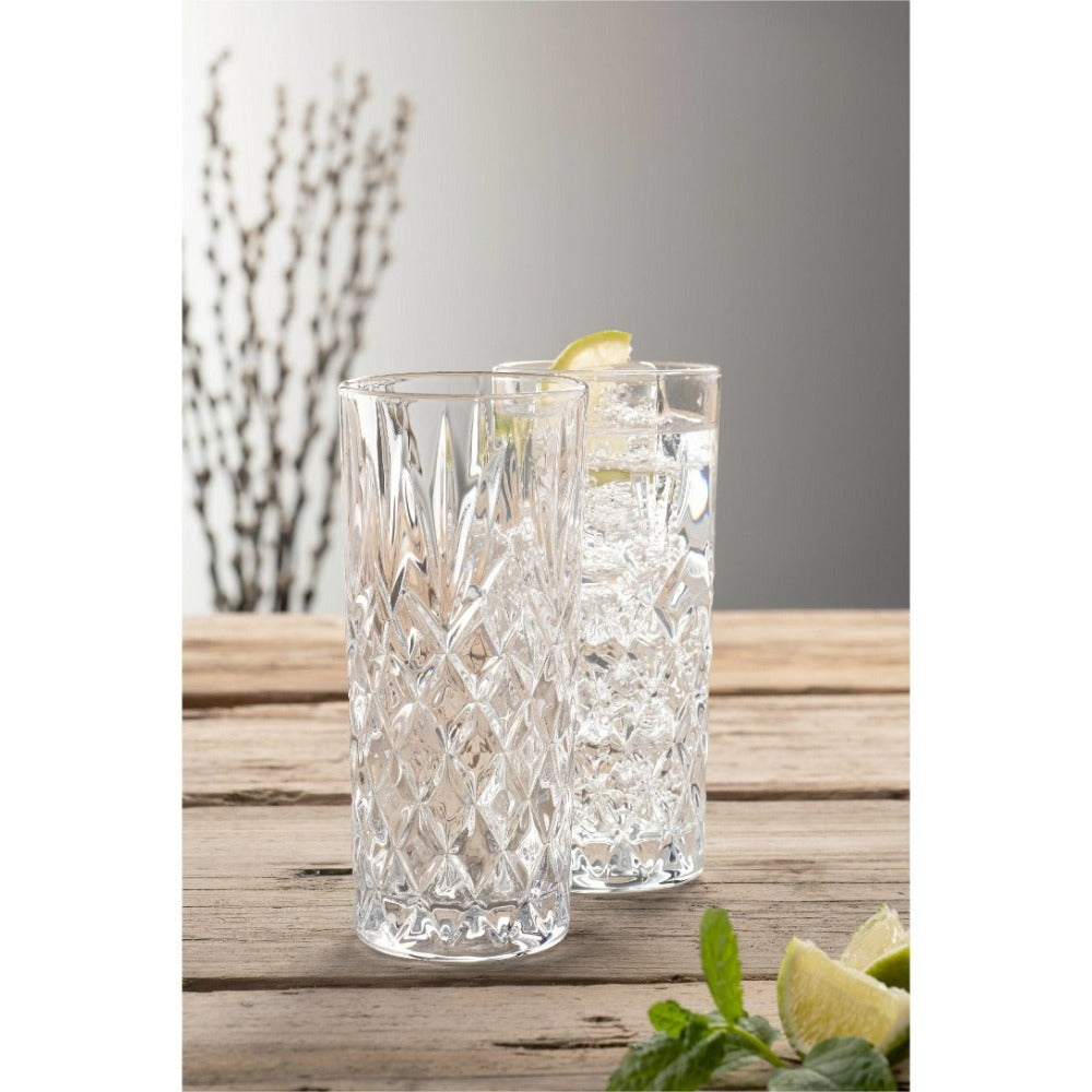 Galway Crystal Renmore Hiball Set of 4  The Galway Crystal hiball glasses are cut in the Renmore pattern and are ideal for beautiful cocktails and iced mixed drinks. The diamond pattern shines in these heavy cut glasses making them a stunning addition to any home or gathering.