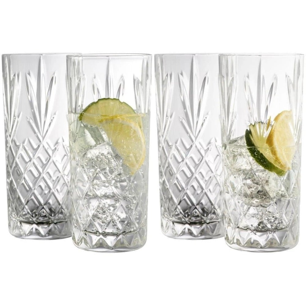 Galway Crystal Renmore Hiball Set of 4  The Galway Crystal hiball glasses are cut in the Renmore pattern and are ideal for beautiful cocktails and iced mixed drinks. The diamond pattern shines in these heavy cut glasses making them a stunning addition to any home or gathering.