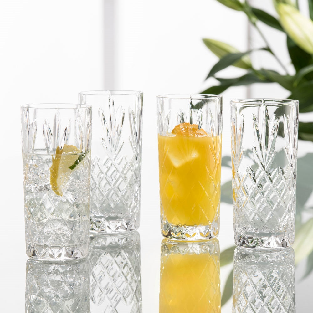 Galway Crystal Renmore Hiball Set of 4  The Galway Crystal hiball glasses are cut in the Renmore pattern and are ideal for beautiful cocktails and iced mixed drinks. The diamond pattern shines in these heavy cut glasses making them a stunning addition to any home or gathering.