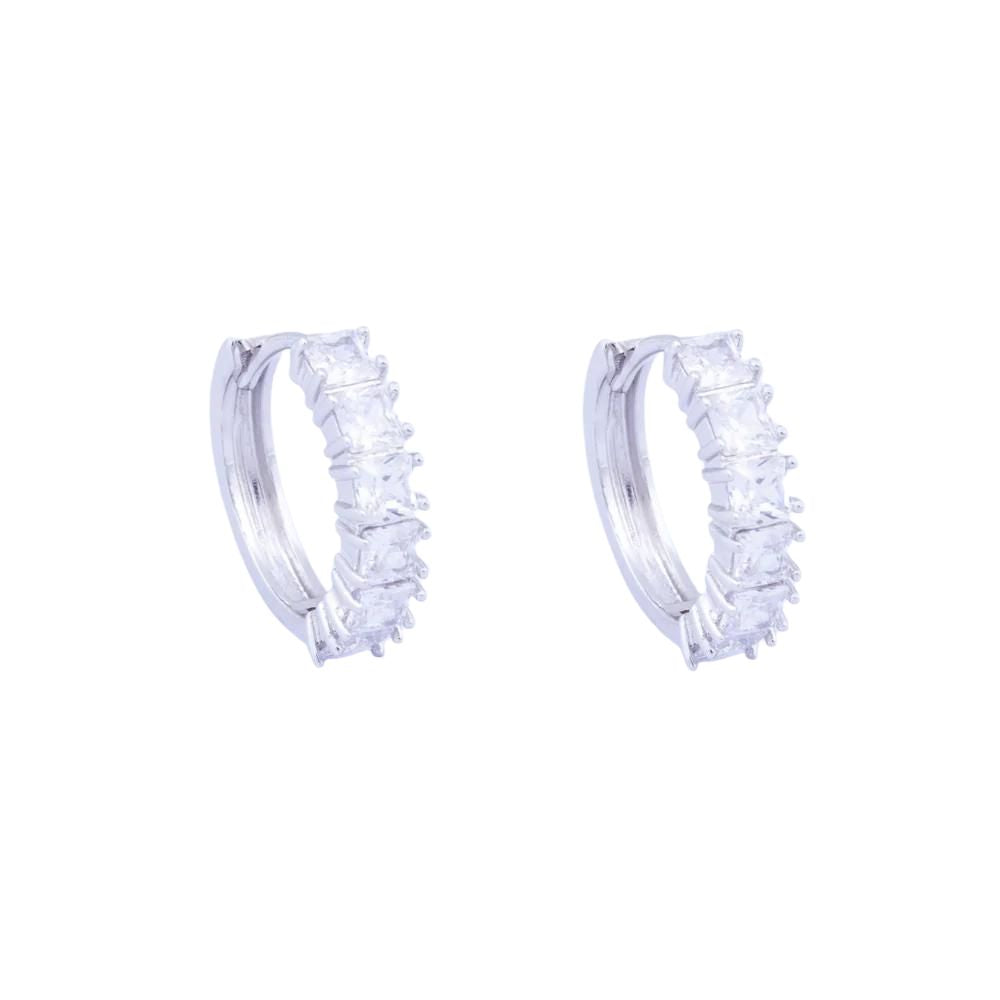 Knight & Day Classic Rhodium Hoop Earrings Classic style hoops embellished with clear CZ stones. Rhodium plating.