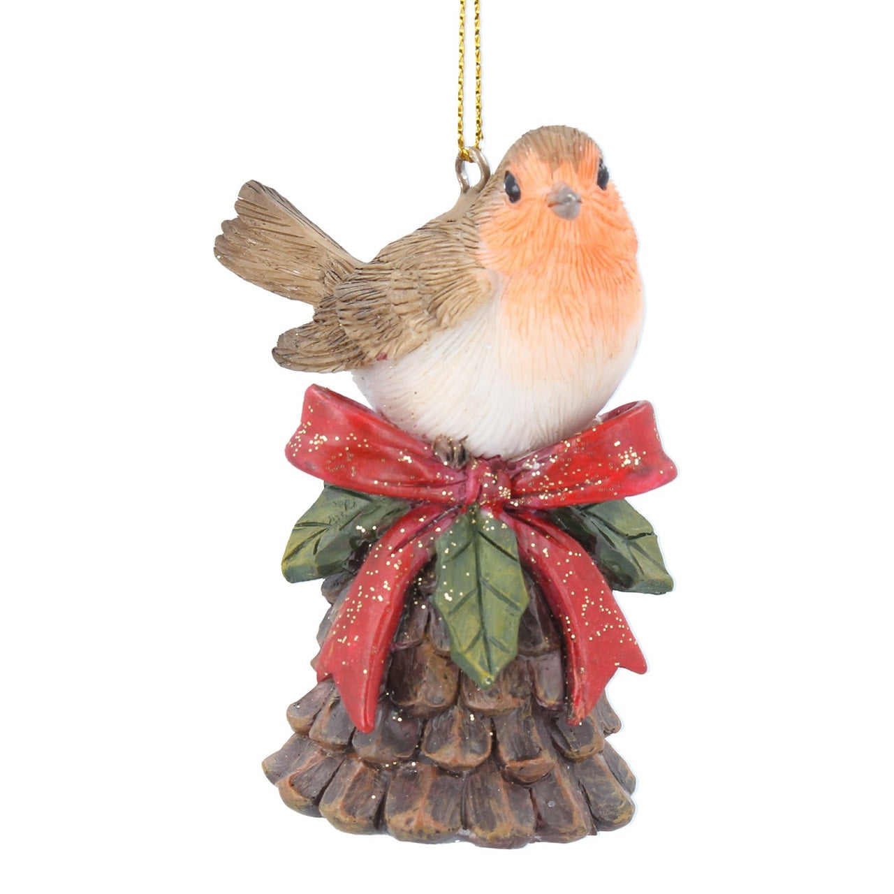 Gisela Graham Robin Perched on Cone Christmas Bell with Red Bow Decoration Enhance your holiday décor with this festive Robin Cone Christmas Hanging Ornament. Crafted with Gisela Graham's renowned attention to detail, this ornamental piece features a red bow-decorated Robin perched atop a Christmas bell cone, making it an elegant addition to any holiday tree.