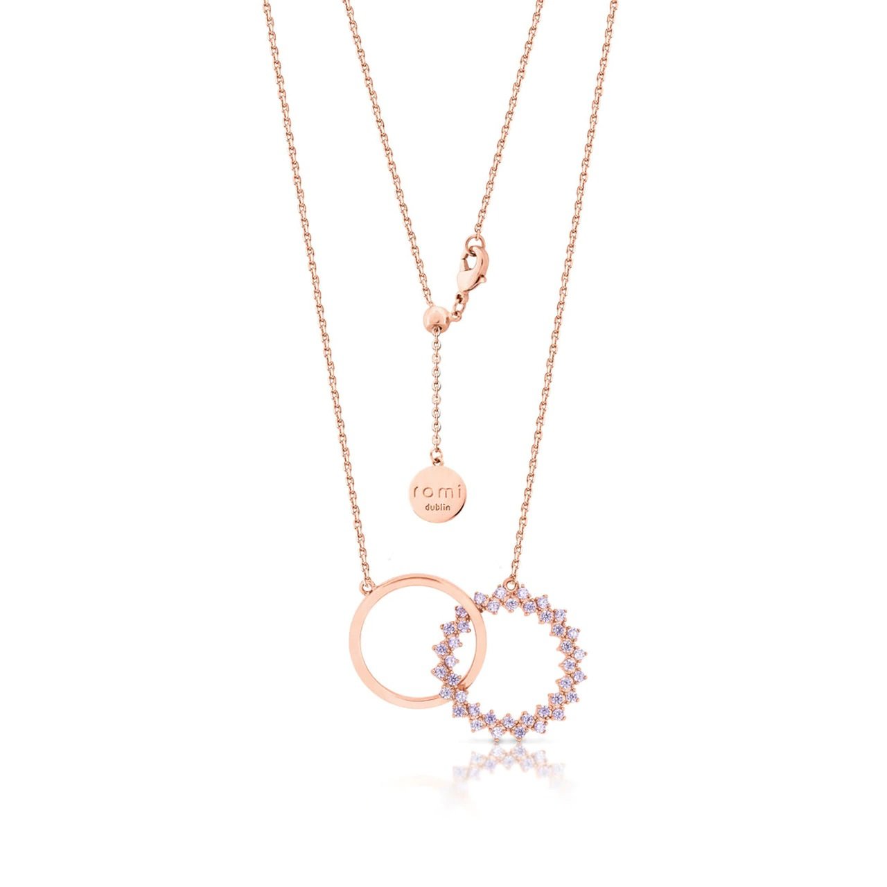 Romi Dublin Rose Gold Purple Interlocking Pendant Simple and understated this collection has a contemporary and sleek look that will allow you to accessorise with any outfit.