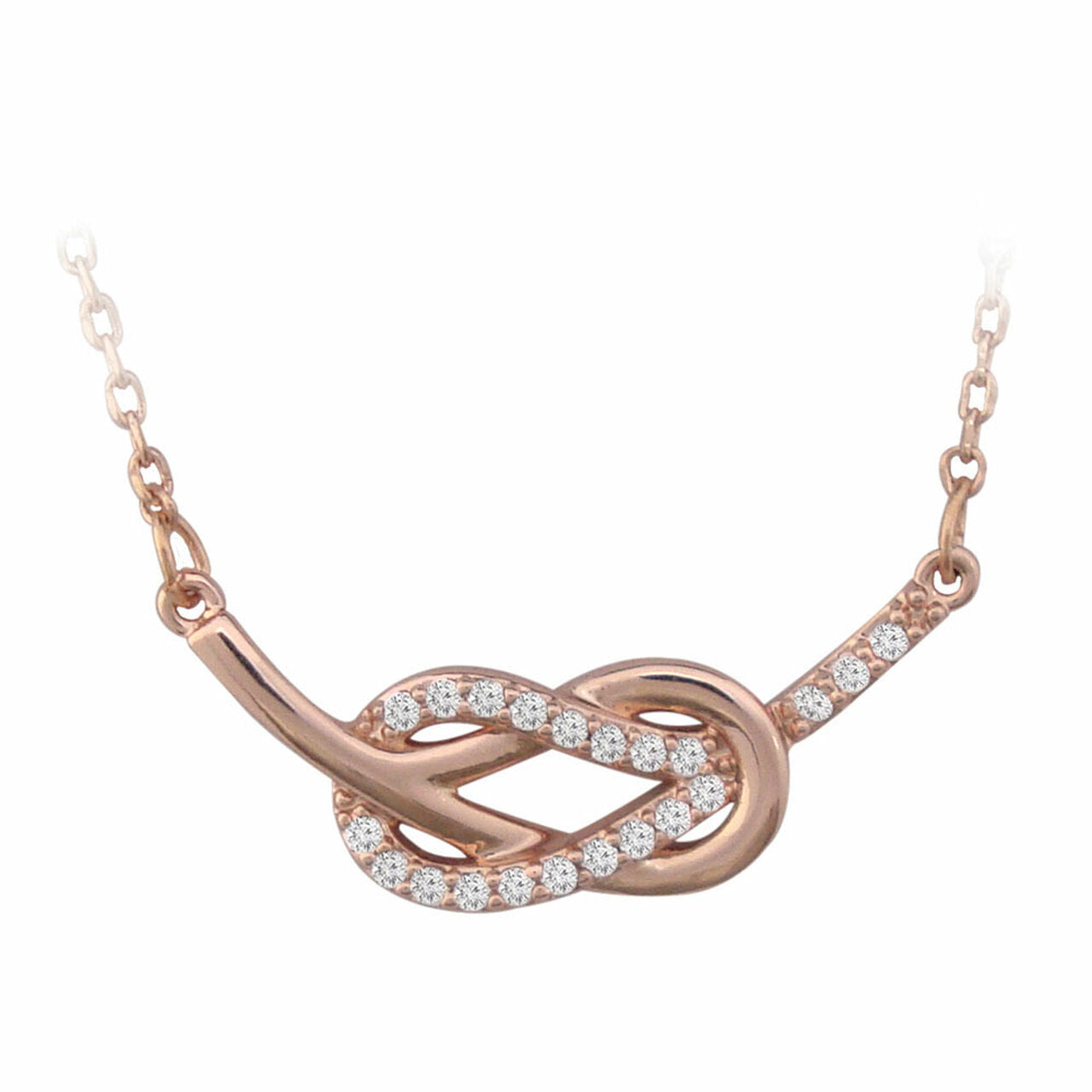 Tipperary Crystal Rose Double Swirl Hammock Pendant Expertly crafted in rose gold, this dimensional look features two interlocking loops joined harmoniously resulting in a stylish hammock shaped design. The necklace features one sleek polished loop entwined with a second one completely lined with clear crystal accents.