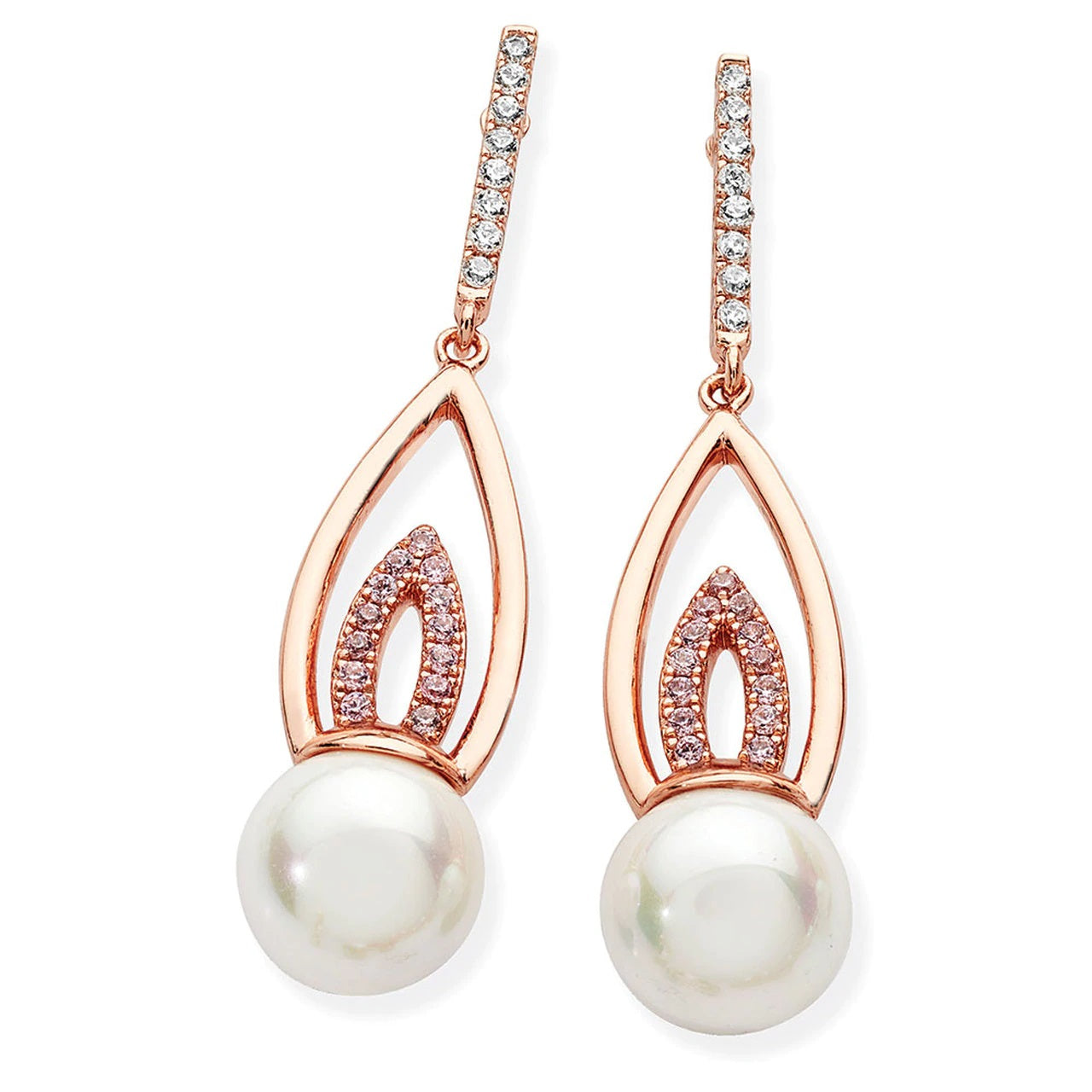 Tipperary Crystal Rose Gold Pink Cz Flame Drop Earrings These exceptional drop earrings have an almost art deco feel to them. Fashioned in rose gold they consist of a crystal lined linear bale, a flame shaped polished rose gold piece suspends from this with another flame shape lined in pink crystals, suspending from this unusual piece is an 8mm white shell pearl. They secure safely and comfortably with push backs.