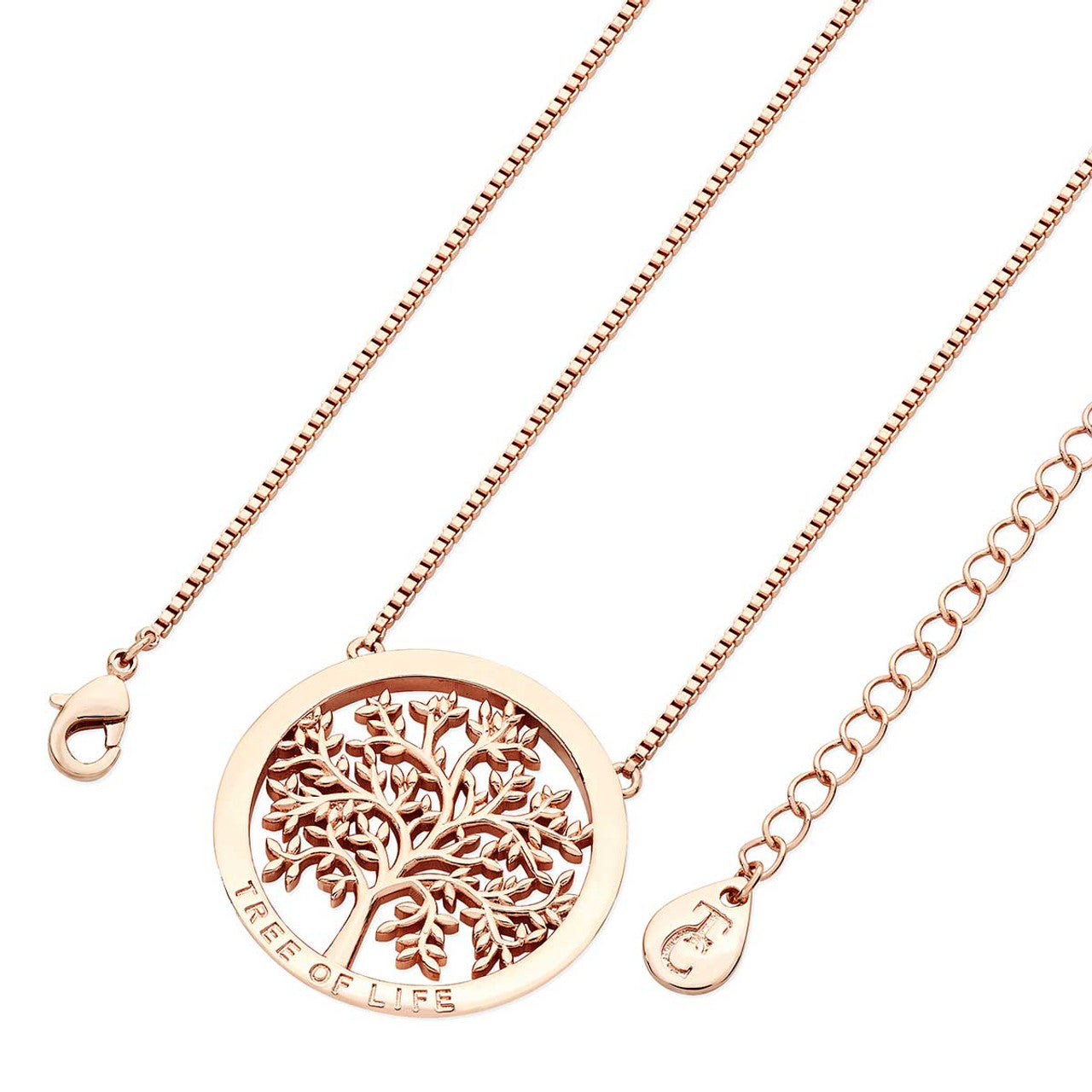 Tipperary Crystal Rose Gold Polished Round Circle With Tree of Life This exquisite piece consists of a polished rose gold circle surrounding an ornate polished rose gold tree of life, it suspends centred from a shimmering rose gold cable chain and secures safely with a lobster claw clasp.