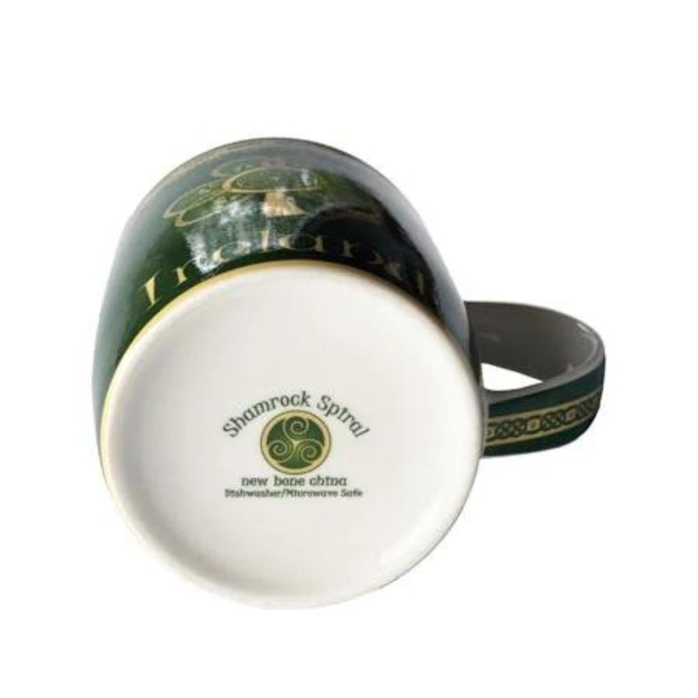 Shamrock Spiral Mug This new bone china mug with its highly ornate pattern features a golden shamrock with a triple spiral at its heart. It is bordered by never ending knot work symbolising eternity.