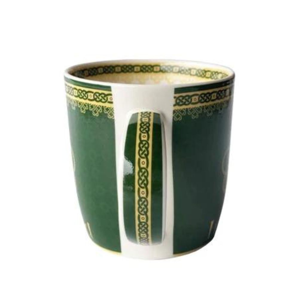Shamrock Spiral Mug This new bone china mug with its highly ornate pattern features a golden shamrock with a triple spiral at its heart. It is bordered by never ending knot work symbolising eternity.
