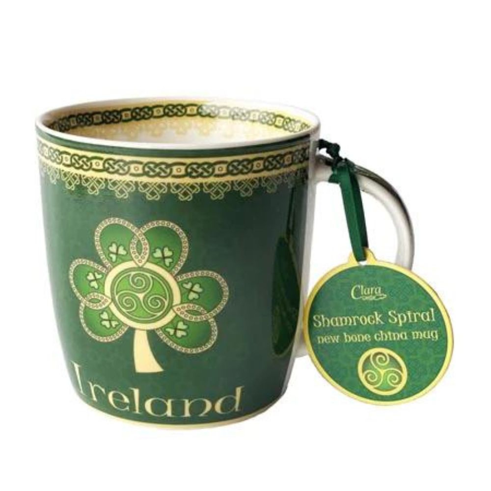 Shamrock Spiral Mug This new bone china mug with its highly ornate pattern features a golden shamrock with a triple spiral at its heart. It is bordered by never ending knot work symbolising eternity.